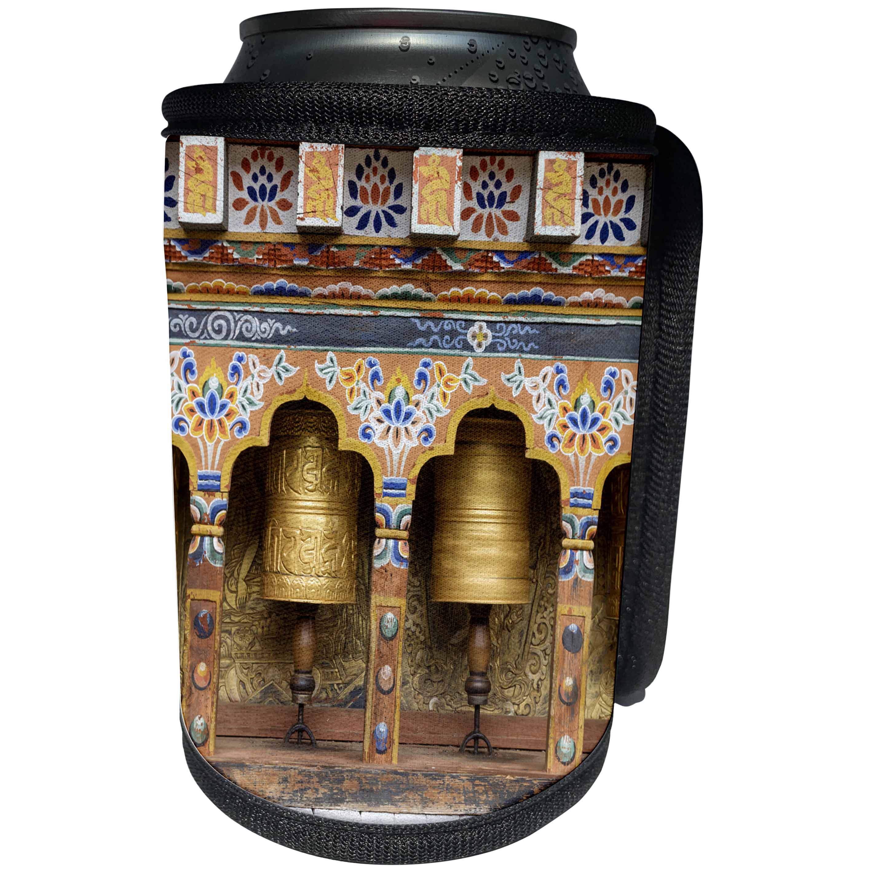 3dRose Danita Delimont - Buddhim - Bhutan. Spinning prayer wheels along a temple wall. - Can Cooler Bottle Wrap (cc_276690)