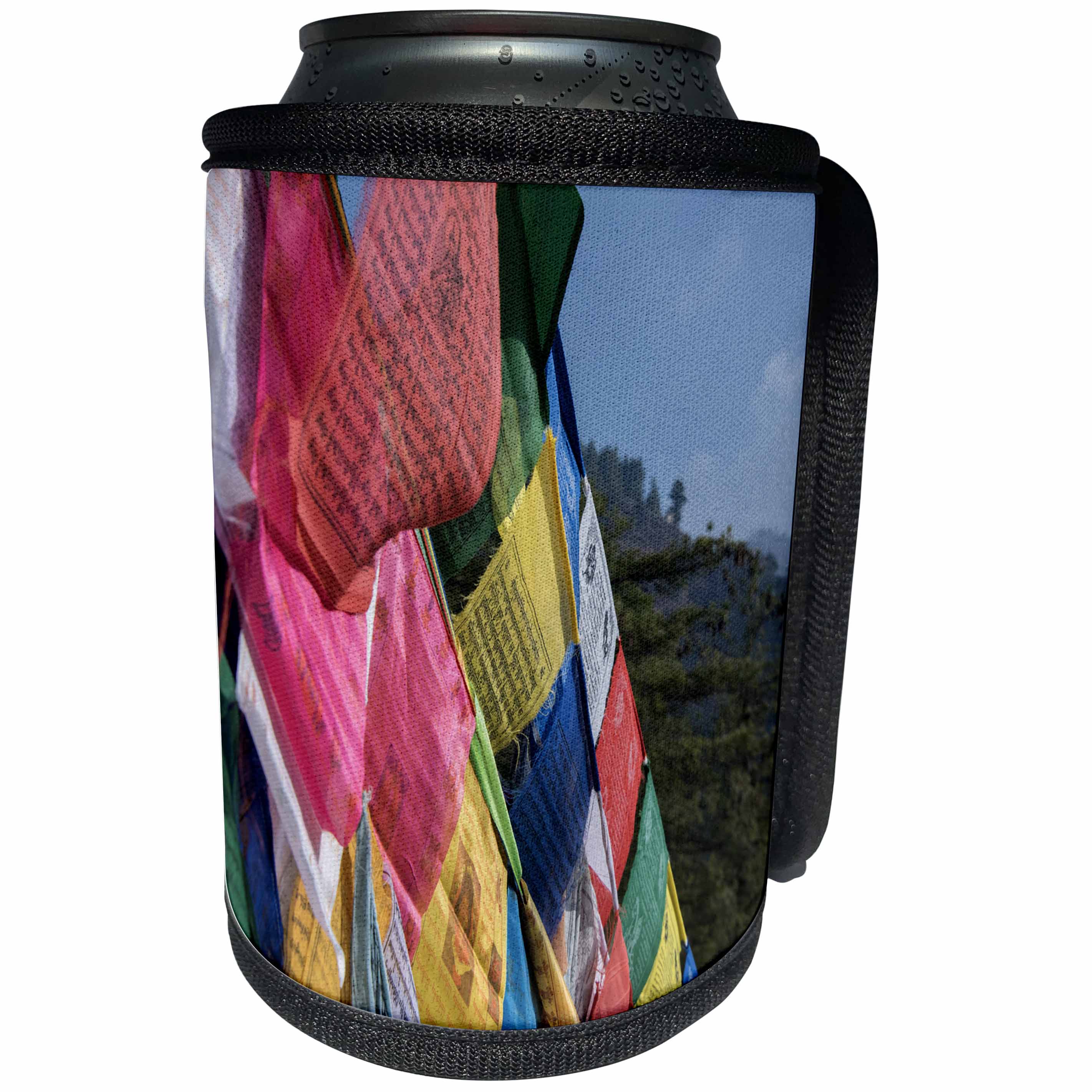3dRose Danita Delimont - Temples - Bhutan, Paro. Colorful prayer flags in front of Tigers Nest temple. - Can Cooler Bottle Wrap (cc_276694)