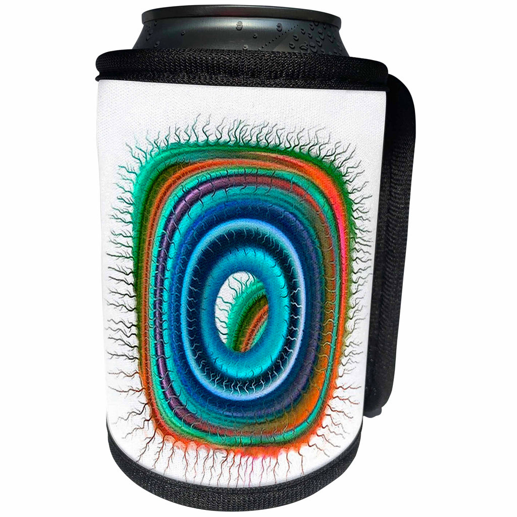 3dRose Jaclinart Surreal Space Alien Fantasy Psychedelic Eye - Surreal sci fi blue and orange eyeball alien floating on a white background - Can Cooler Bottle Wrap (cc_27671)