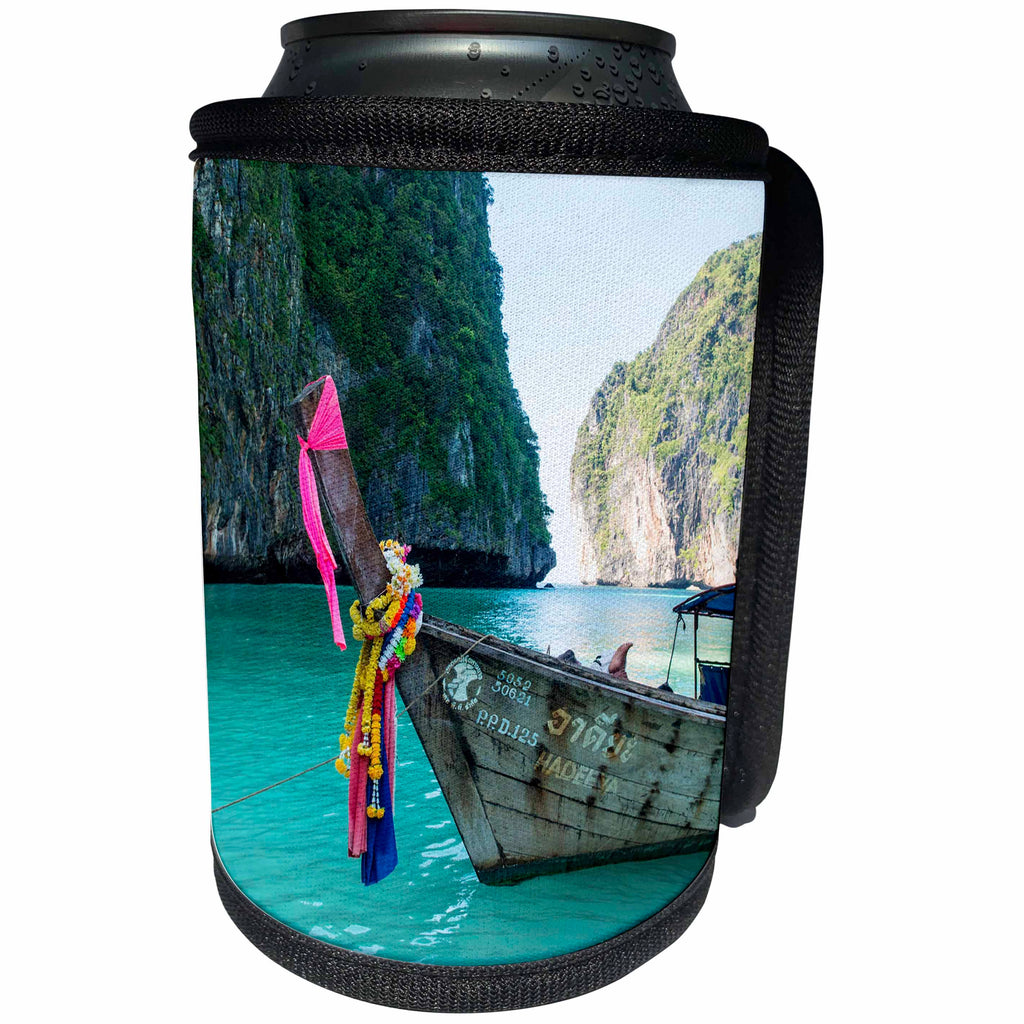 3dRose Danita Delimont - Boats - Thailand, Phuket, Phi Phi Islands, Longtail Boats and swimmers - Can Cooler Bottle Wrap (cc_276986)
