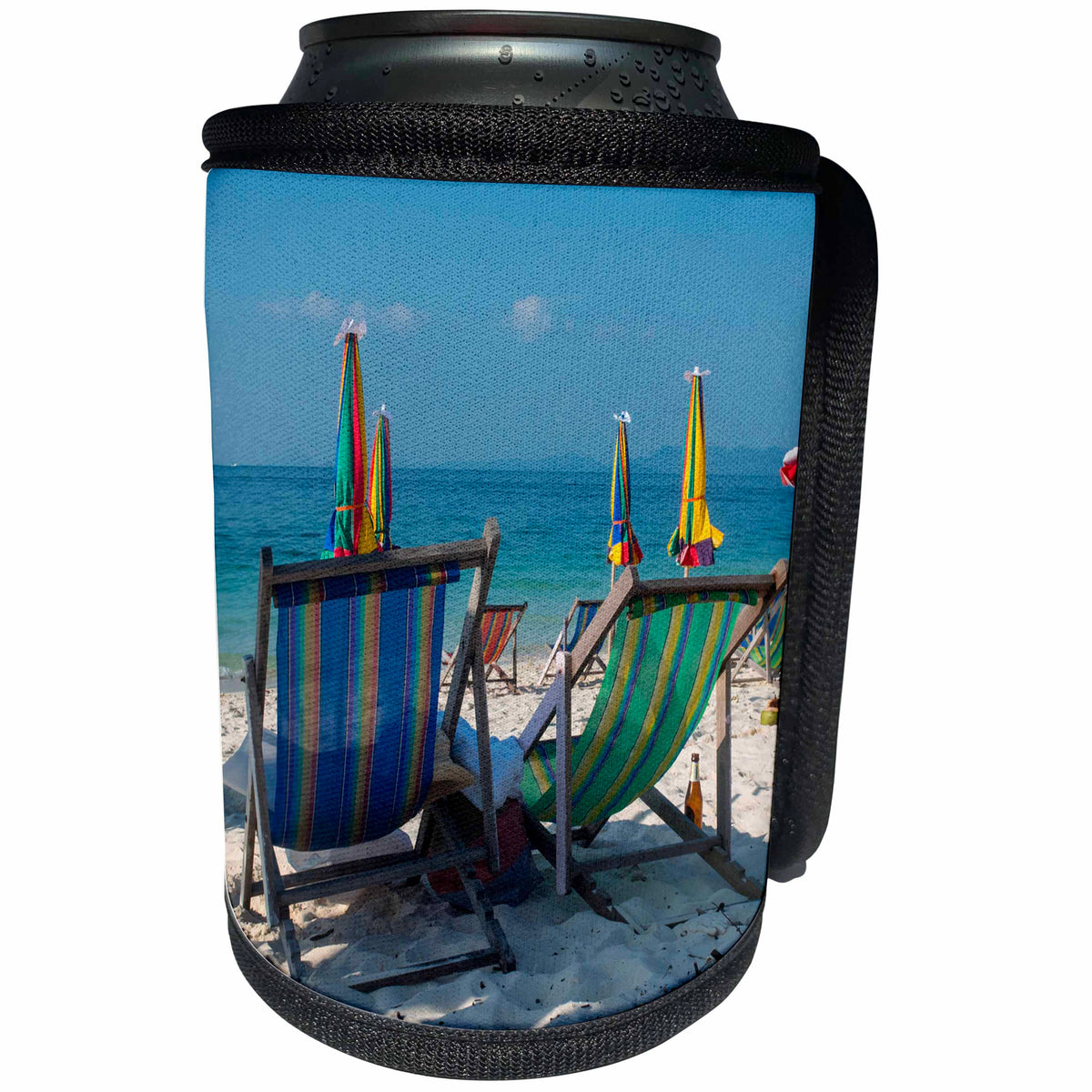 3dRose Danita Delimont - Beaches - Thailand, Phuket, Phi Phi Islands, Chairs on the White Sand Beach - Can Cooler Bottle Wrap (cc_276987)