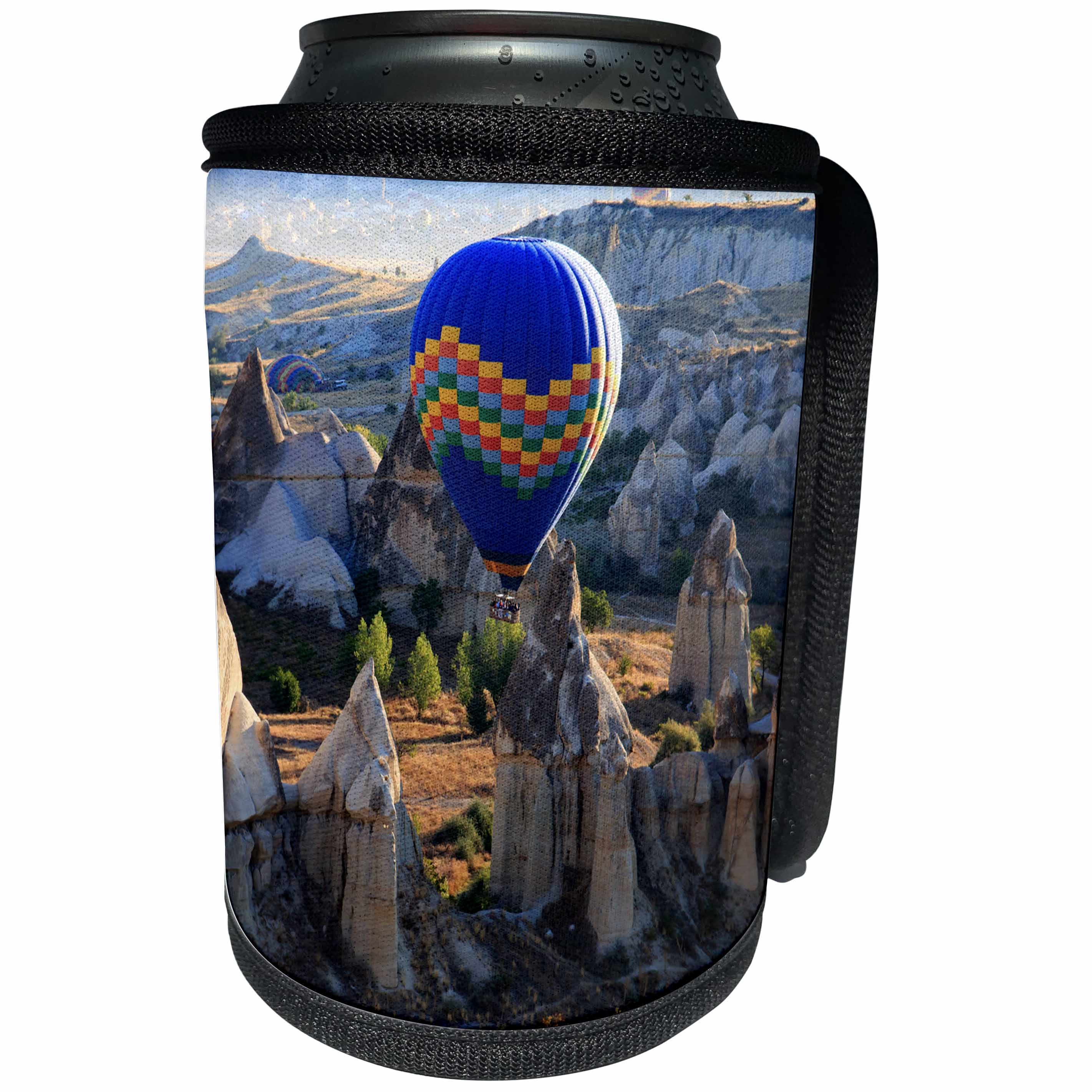 3dRose Danita Delimont - Travel - Turkey, Cappadocia, Hot air balloon flying above rock formations. - Can Cooler Bottle Wrap (cc_276997)