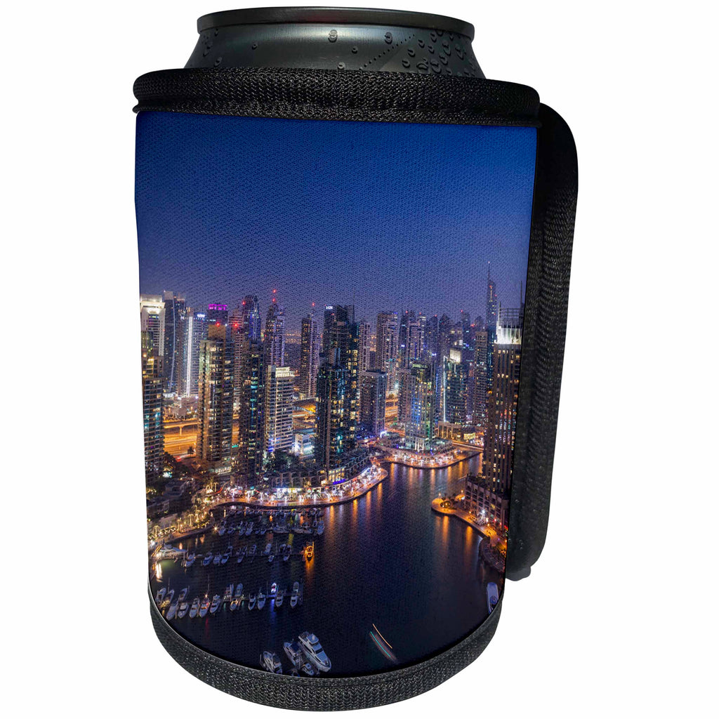 3dRose Danita Delimont - Cities - UAE, Cityscape of colorful Dubai Marina at night. - Can Cooler Bottle Wrap (cc_277089)