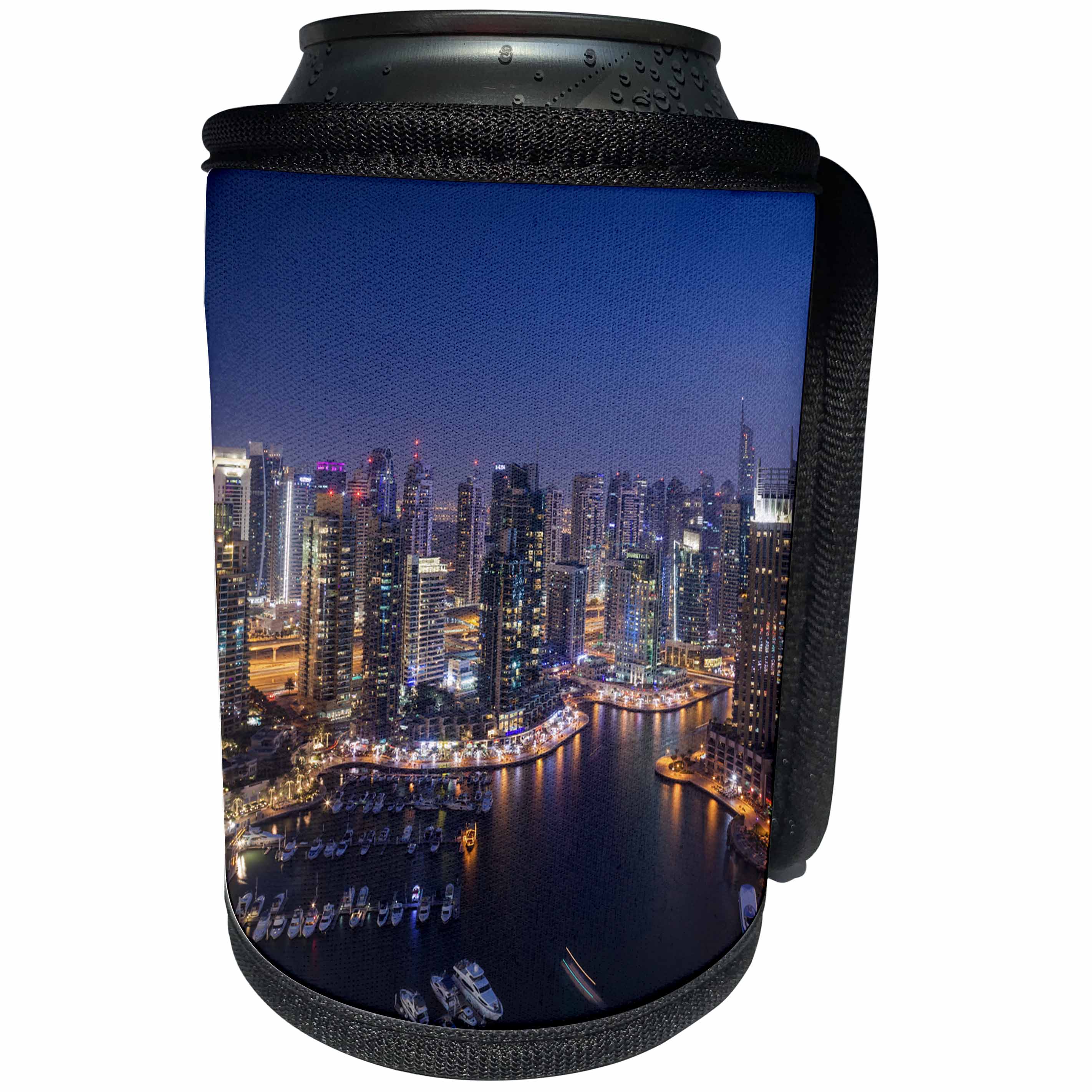 3dRose Danita Delimont - Cities - UAE, Cityscape of colorful Dubai Marina at night. - Can Cooler Bottle Wrap (cc_277089)