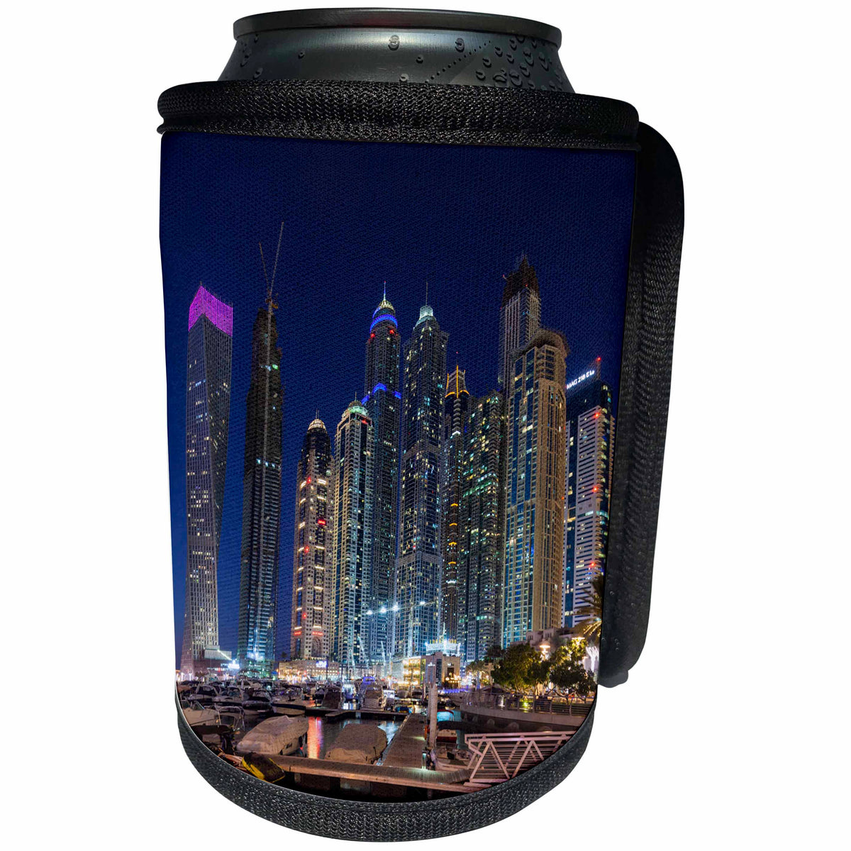 3dRose Danita Delimont - Cities - UAE, Dubai, Downtown high rise buildings along the waterfront marina. - Can Cooler Bottle Wrap (cc_277094)