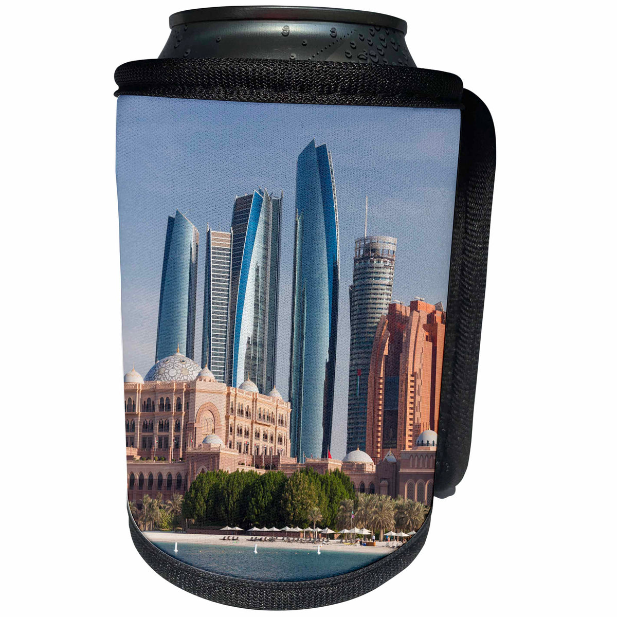 3dRose Danita Delimont - Cities - UAE, Abu Dhabi. Etihad Towers and Emirates Palace Hotel - Can Cooler Bottle Wrap (cc_277131)