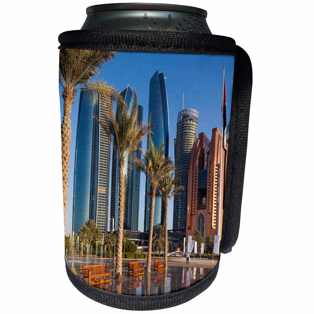3dRose Danita Delimont - Cities - UAE, Abu Dhabi. Etihad Towers and Emirates Palace Hotel fountains - Can Cooler Bottle Wrap (cc_277135)