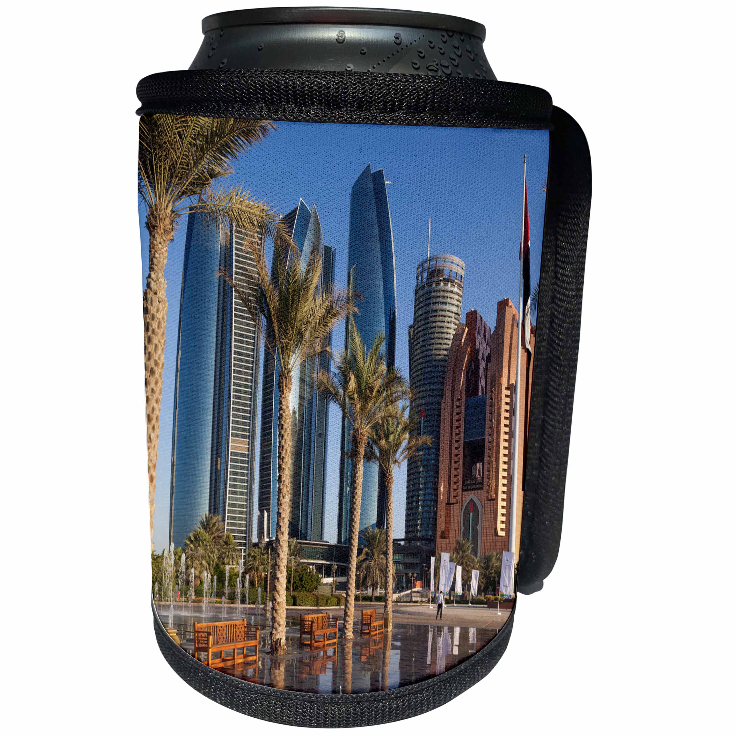 3dRose Danita Delimont - Cities - UAE, Abu Dhabi. Etihad Towers and Emirates Palace Hotel fountains - Can Cooler Bottle Wrap (cc_277135)
