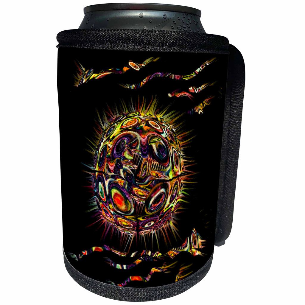 3dRose Jaclinart Abstract Space Sun Planet Fantasy Psychedelic - Surreal planet in yellow tones giving birth to new planets on black background - Can Cooler Bottle Wrap (cc_27715)