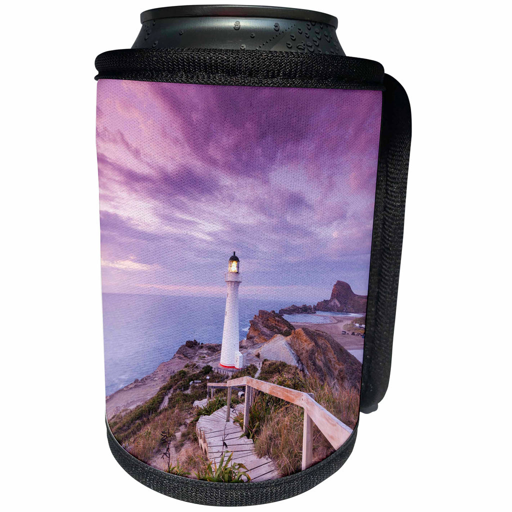 3dRose Danita Delimont - Lighthouses - New Zealand, Castlepoint. Castlepoint Lighthouse with purple sunrise. - Can Cooler Bottle Wrap (cc_277159)