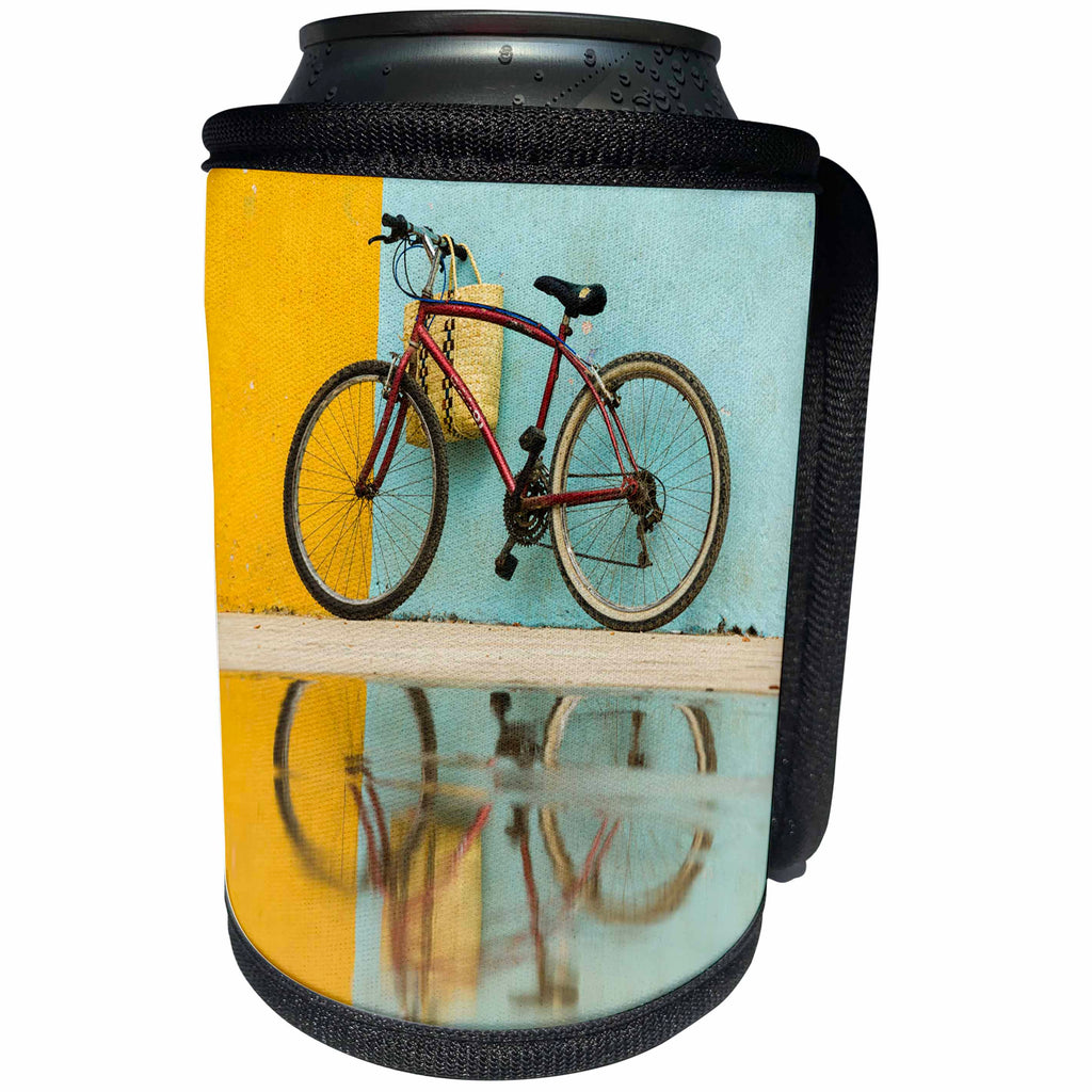 3dRose Danita Delimont - Bicycle - Cuba, Trinidad. Bicycle and reflection against yellow and blue walls. - Can Cooler Bottle Wrap (cc_277162)