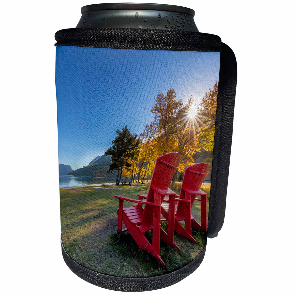 3dRose Danita Delimont - Travel - Red Adirondack chairs along a Lake, Waterton Lakes NP, Alberta, Canada - Can Cooler Bottle Wrap (cc_277180)