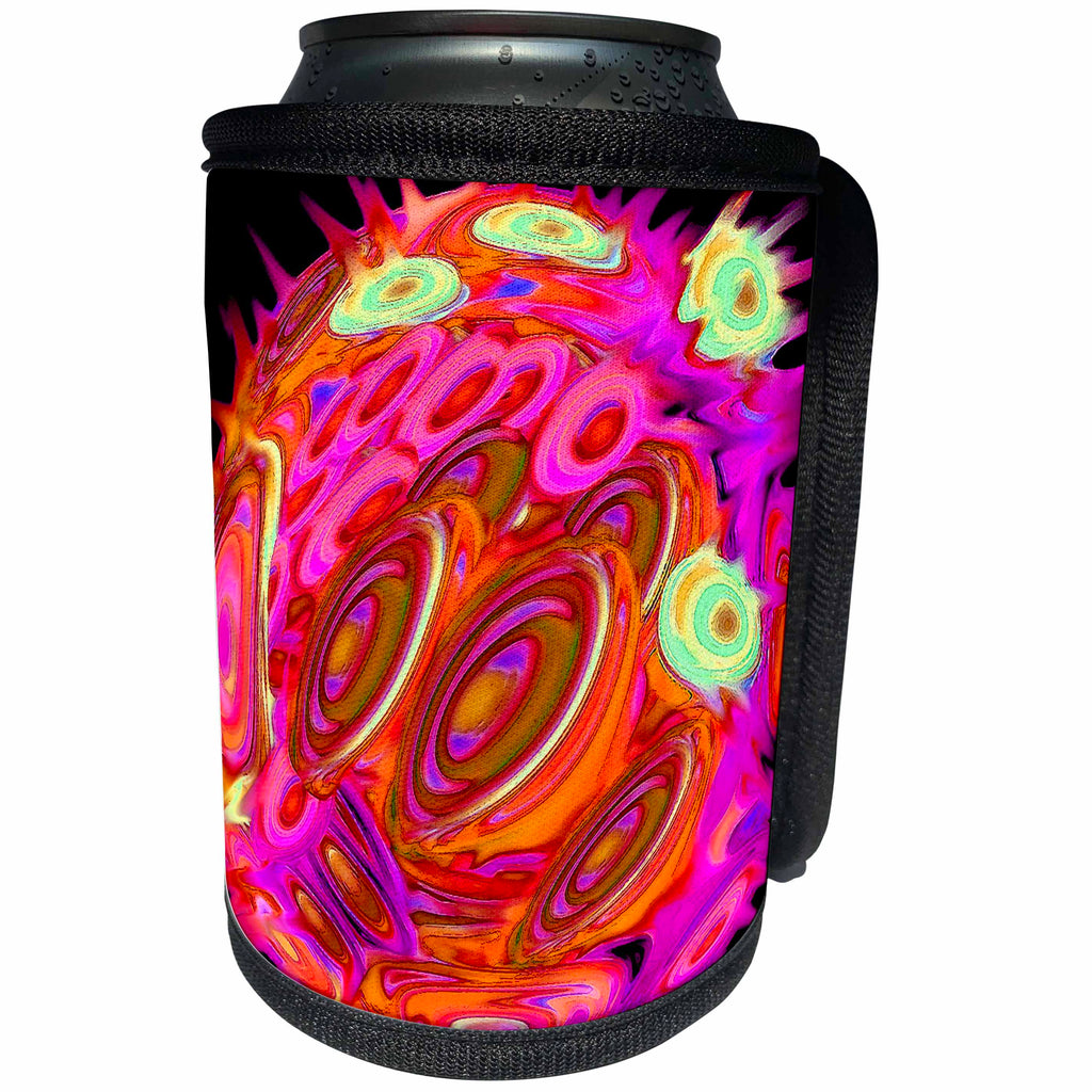 3dRose Jaclinart Abstract Space Sun Planet Fantasy Psychedelic - Surreal orange and pink exploding planet on black background - Can Cooler Bottle Wrap (cc_27719)