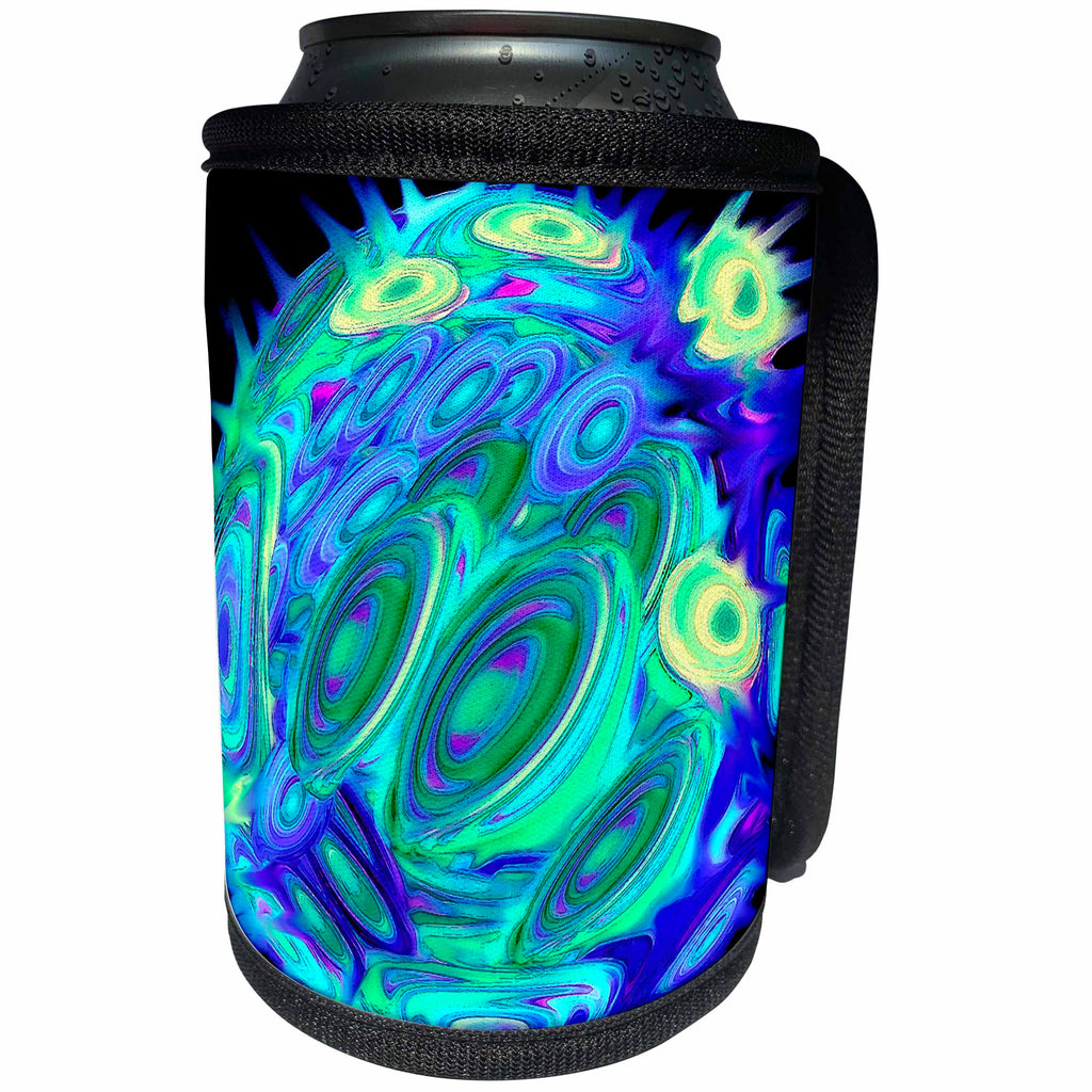 3dRose Jaclinart Abstract Space Sun Planet Fantasy Psychedelic - Surreal turquoise and blue exploding planet on black background - Can Cooler Bottle Wrap (cc_27722)