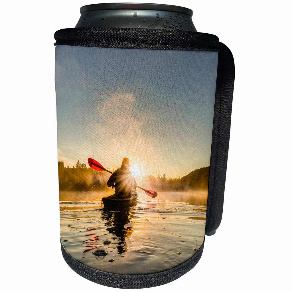 3dRose Danita Delimont - Sports - Canada, B.C., A kayaker paddles in sunlit early morning mist on a lake - Can Cooler Bottle Wrap (cc_277227)