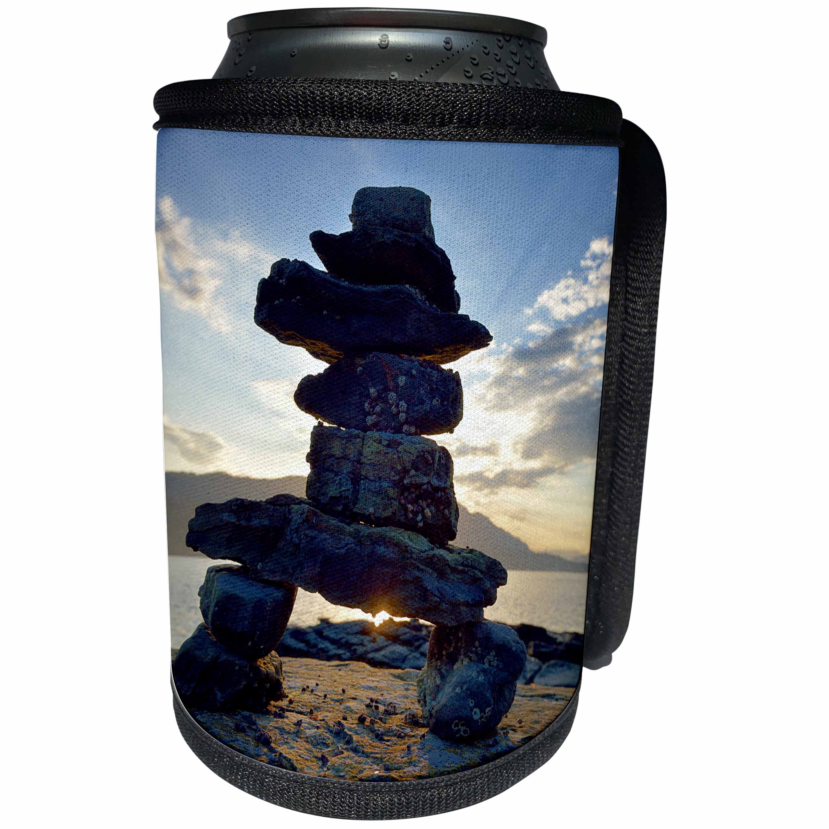 3dRose Danita Delimont - Travel - Canada, B.C., Russell Island. Rock Inukshuk backlit from the sunset. - Can Cooler Bottle Wrap (cc_277230)