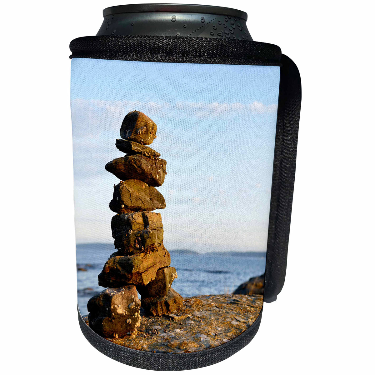 3dRose Danita Delimont - Travel - Canada, B.C., Russell Island. Rock Inukshuk at sunset - Can Cooler Bottle Wrap (cc_277231)