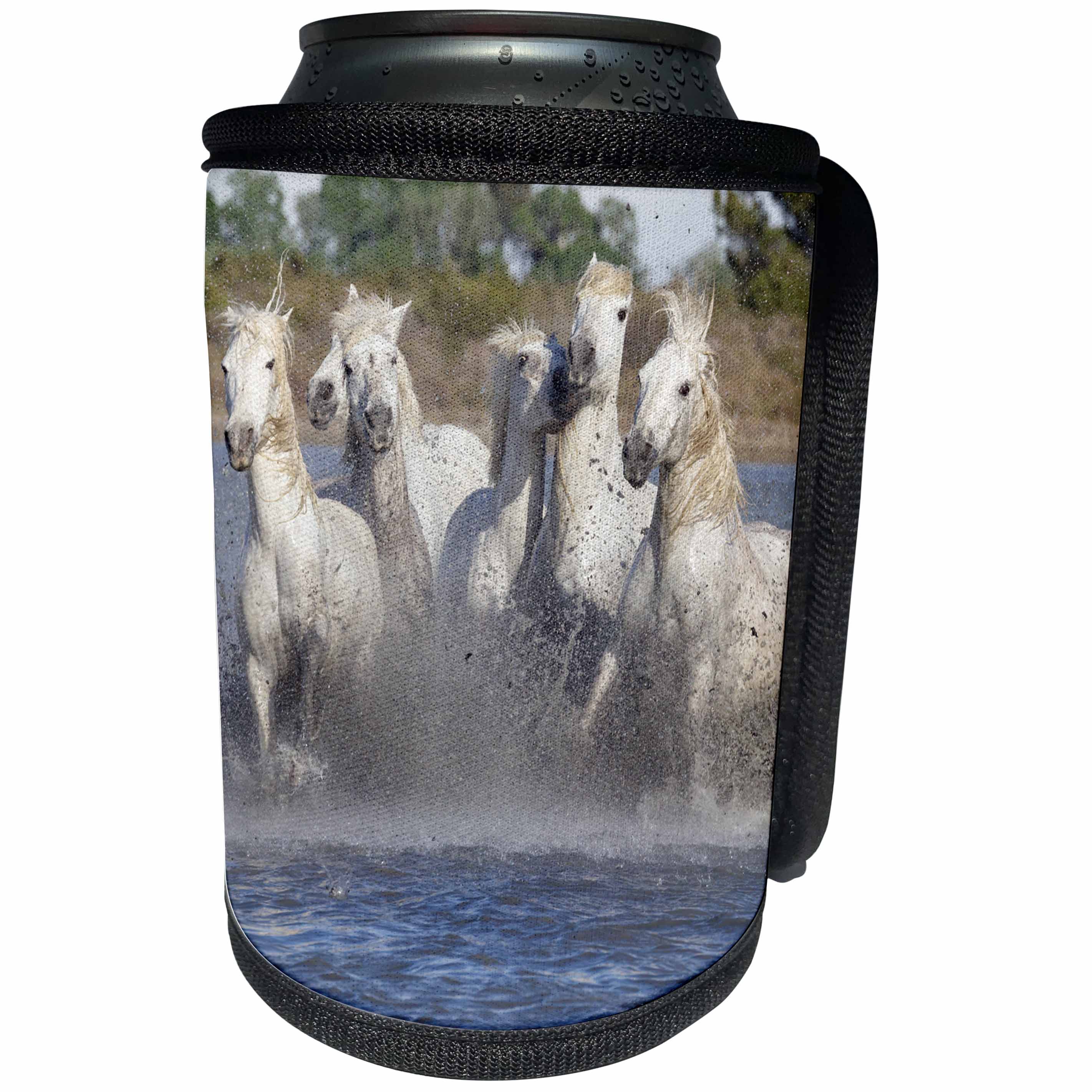 3dRose Danita Delimont - Horses - France, A group of Camargue horses running through swampy water. - Can Cooler Bottle Wrap (cc_277373)