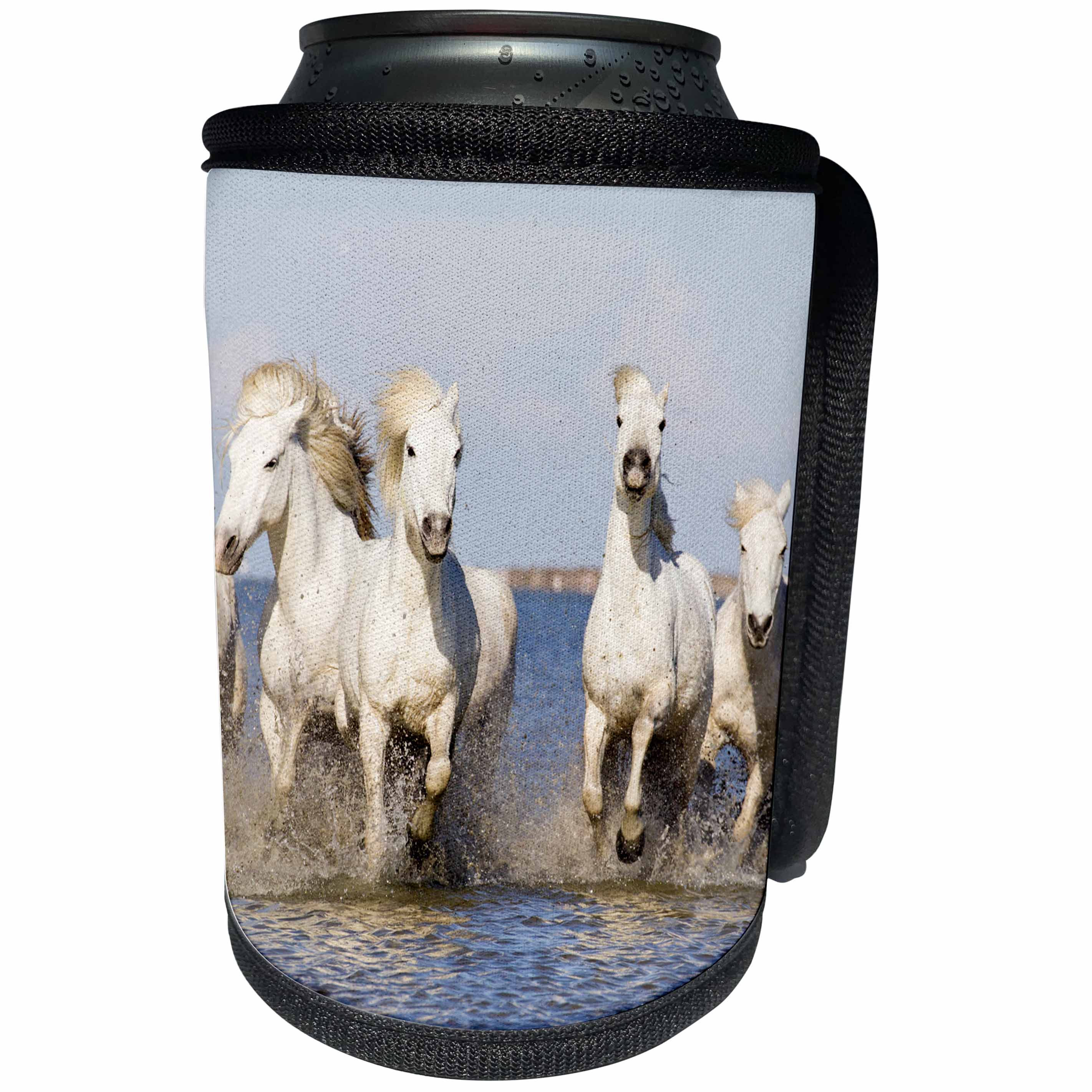 3dRose Danita Delimont - Horses - France, The Camargue, Camargue horses running through water. - Can Cooler Bottle Wrap (cc_277375)