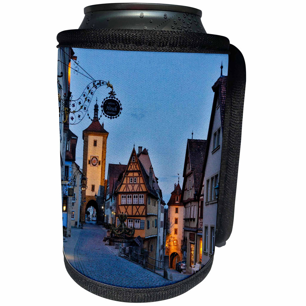 3dRose Danita Delimont - Cities - Germany, Rothenburg ob der Tauber, Ploenlein Triangular Place at night - Can Cooler Bottle Wrap (cc_277396)