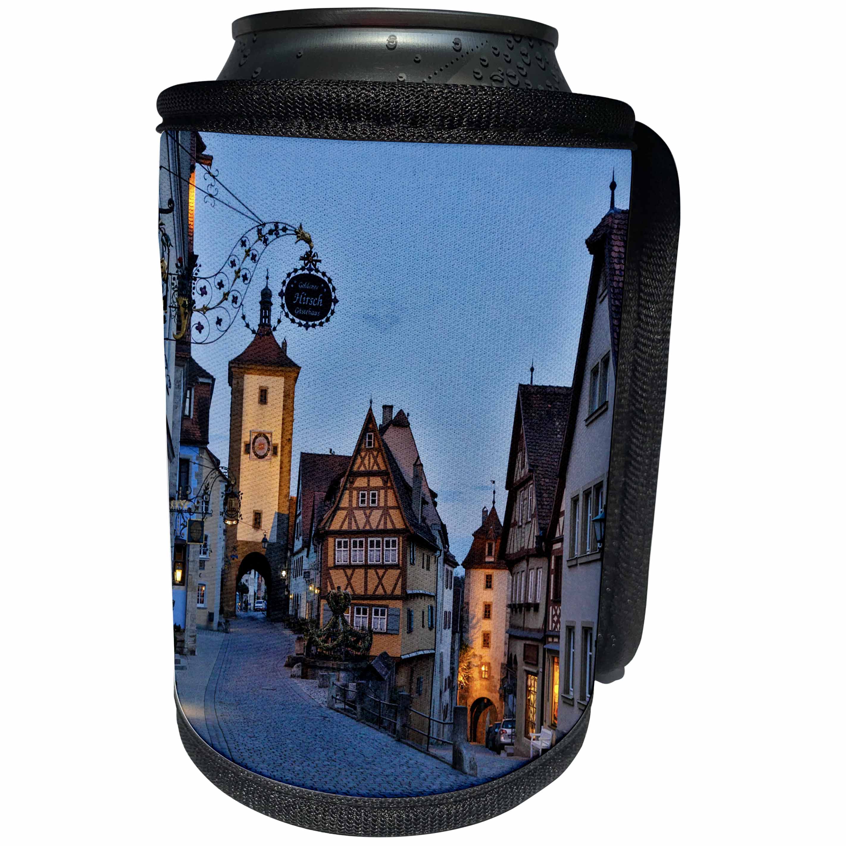 3dRose Danita Delimont - Cities - Germany, Rothenburg ob der Tauber, Ploenlein Triangular Place at night - Can Cooler Bottle Wrap (cc_277396)