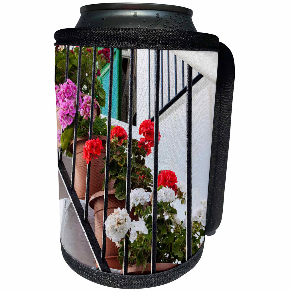 3dRose Danita Delimont - Flowers - Greece, Mykonos, house stairs decorated with flowers - Can Cooler Bottle Wrap (cc_277428)