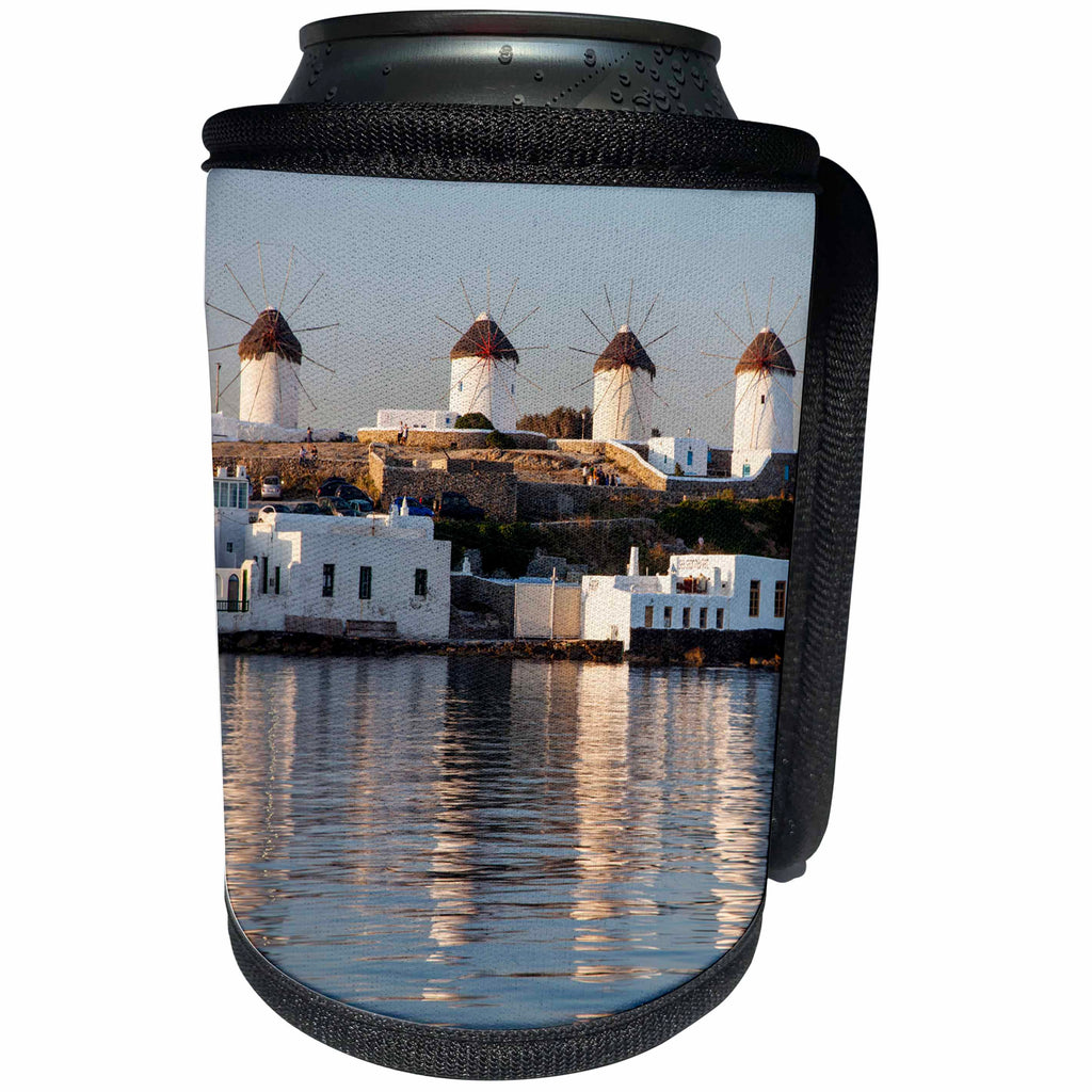 3dRose Danita Delimont - Windmills - Greece, Mykonos, windmills and their reflection in the water - Can Cooler Bottle Wrap (cc_277429)