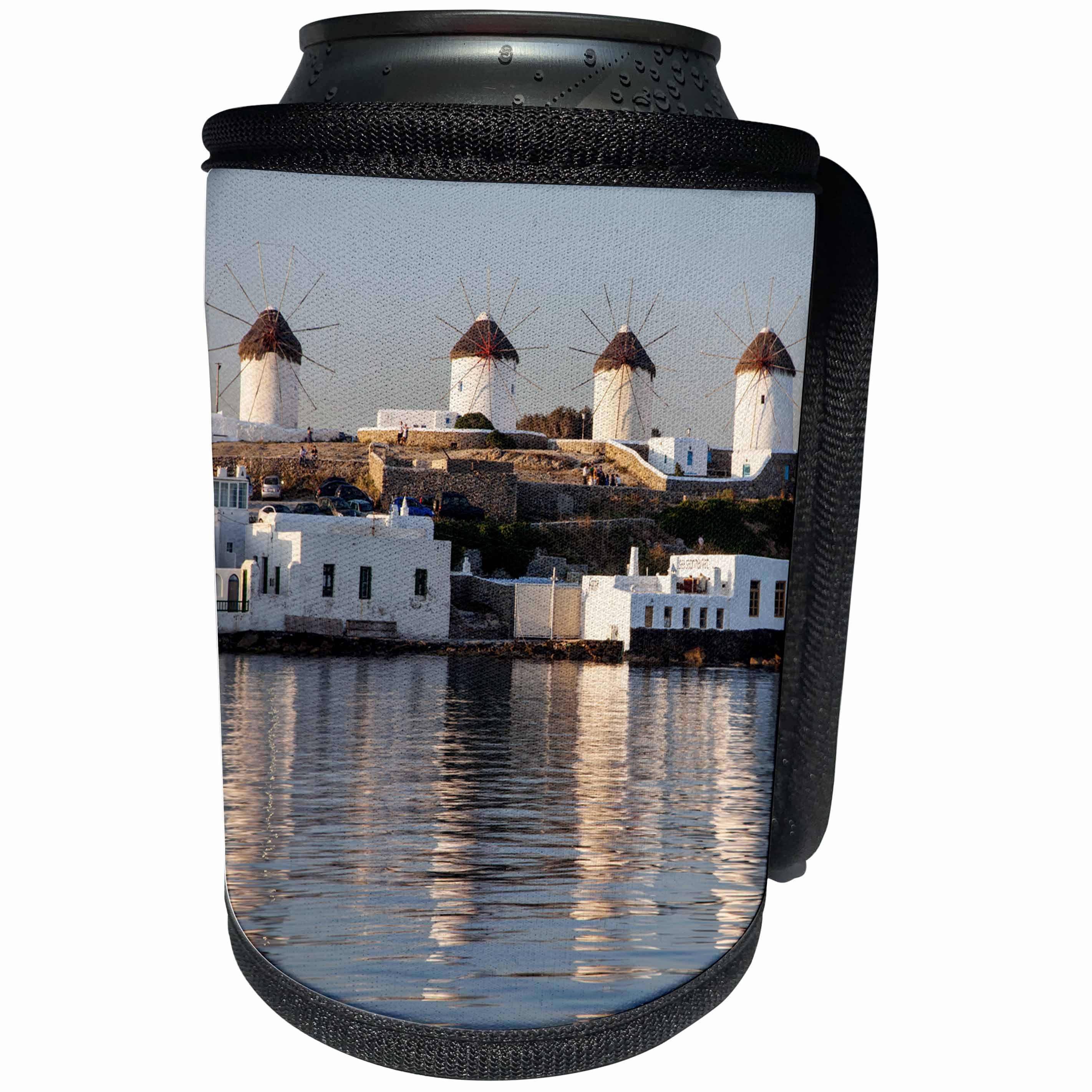 3dRose Danita Delimont - Windmills - Greece, Mykonos, windmills and their reflection in the water - Can Cooler Bottle Wrap (cc_277429)