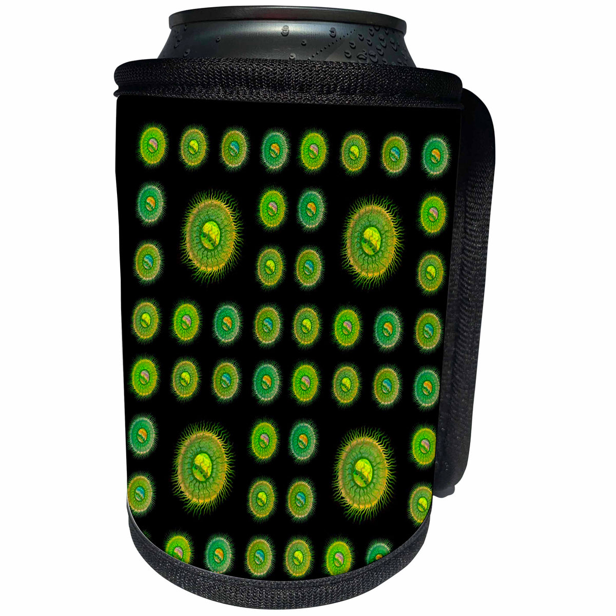 3dRose Jaclinart Surreal Space Eye Eyeball Fantasy Psychedelic - Surreal lime and olive green alien eyeballs on a black background - Can Cooler Bottle Wrap (cc_27763)