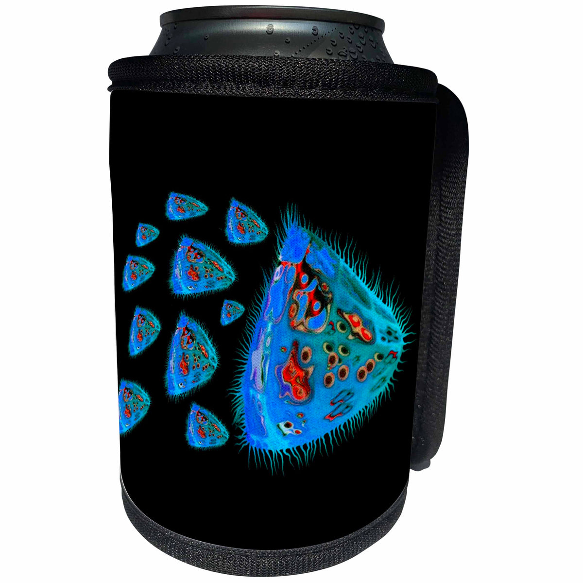 3dRose Jaclinart Surreal Space Fish Fantasy Psychedelic Alien - Surreal sci fi blue and red alien fish swimming through space on a black background - Can Cooler Bottle Wrap (cc_27778)
