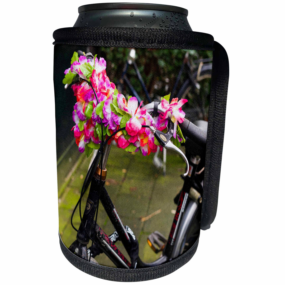 3dRose Danita Delimont - Bicycles - Netherlands, Amsterdam. Flowers decorate a Bicycle. - Can Cooler Bottle Wrap (cc_277782)