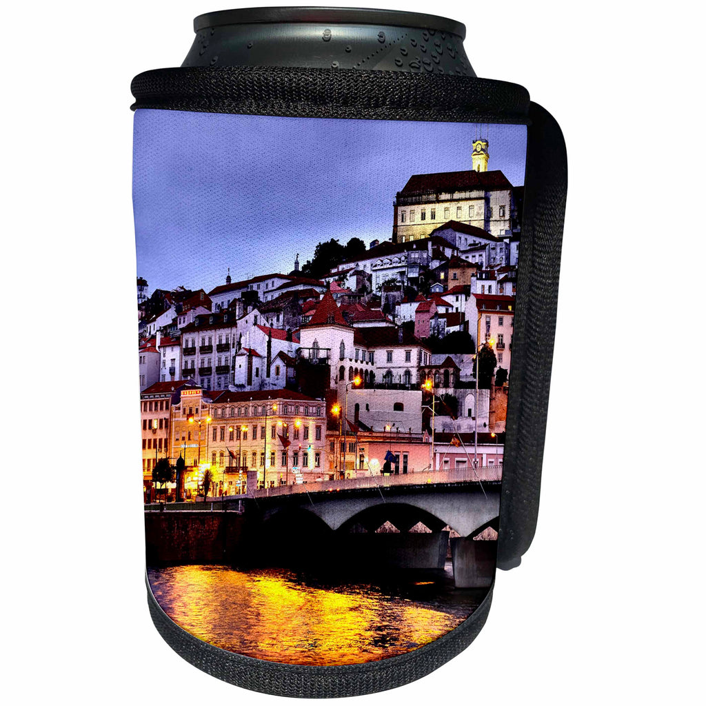 3dRose Danita Delimont - Cities - Portugal, Coimbra. Old Mondego River bridge and hillside town at night - Can Cooler Bottle Wrap (cc_277799)