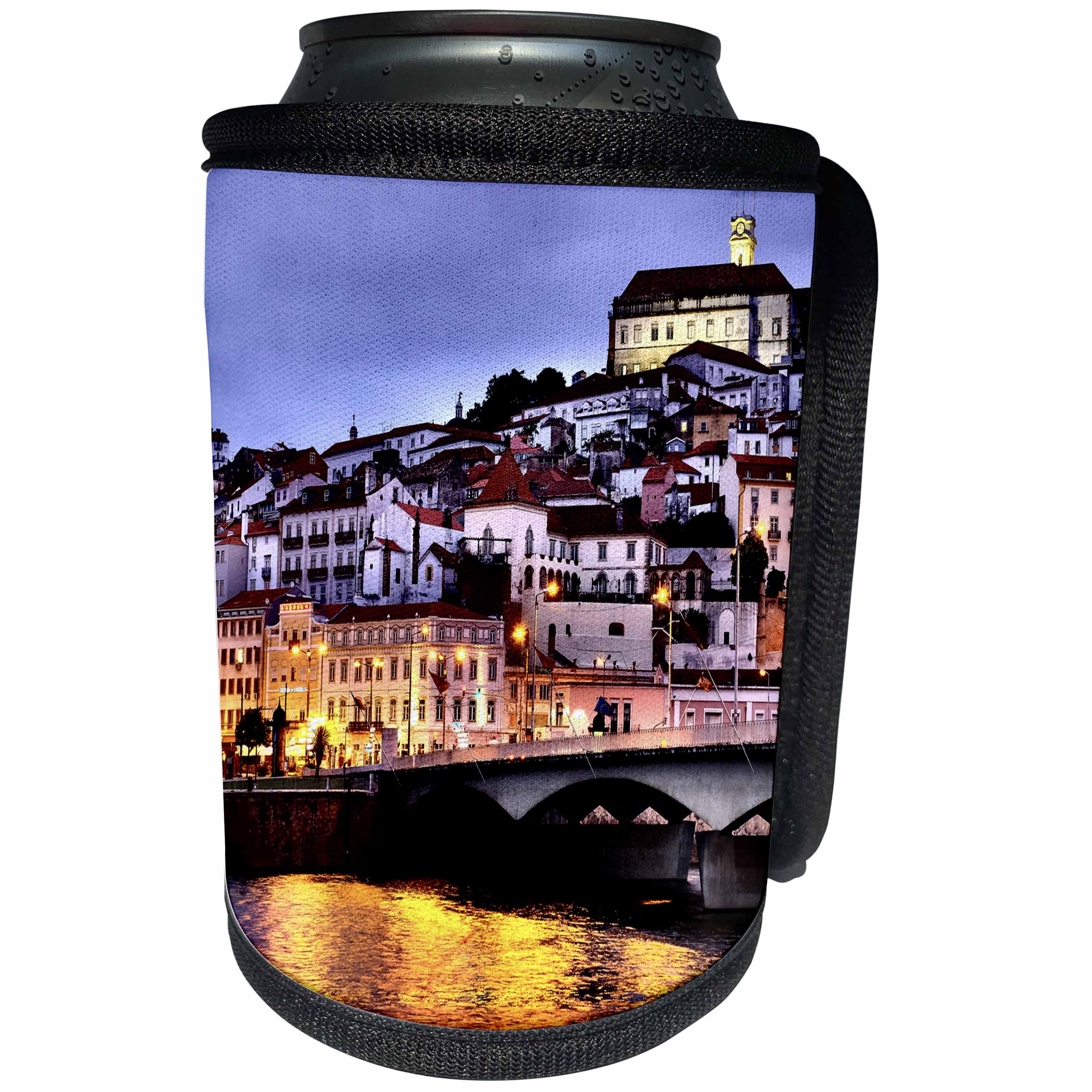 3dRose Danita Delimont - Cities - Portugal, Coimbra. Old Mondego River bridge and hillside town at night - Can Cooler Bottle Wrap (cc_277799)