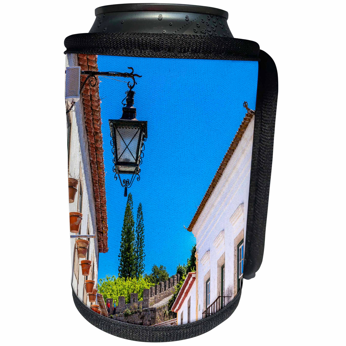 3dRose Danita Delimont - Lamps - Narrow White Street of the Medieval Town of Obidos, Portugal. - Can Cooler Bottle Wrap (cc_277849)