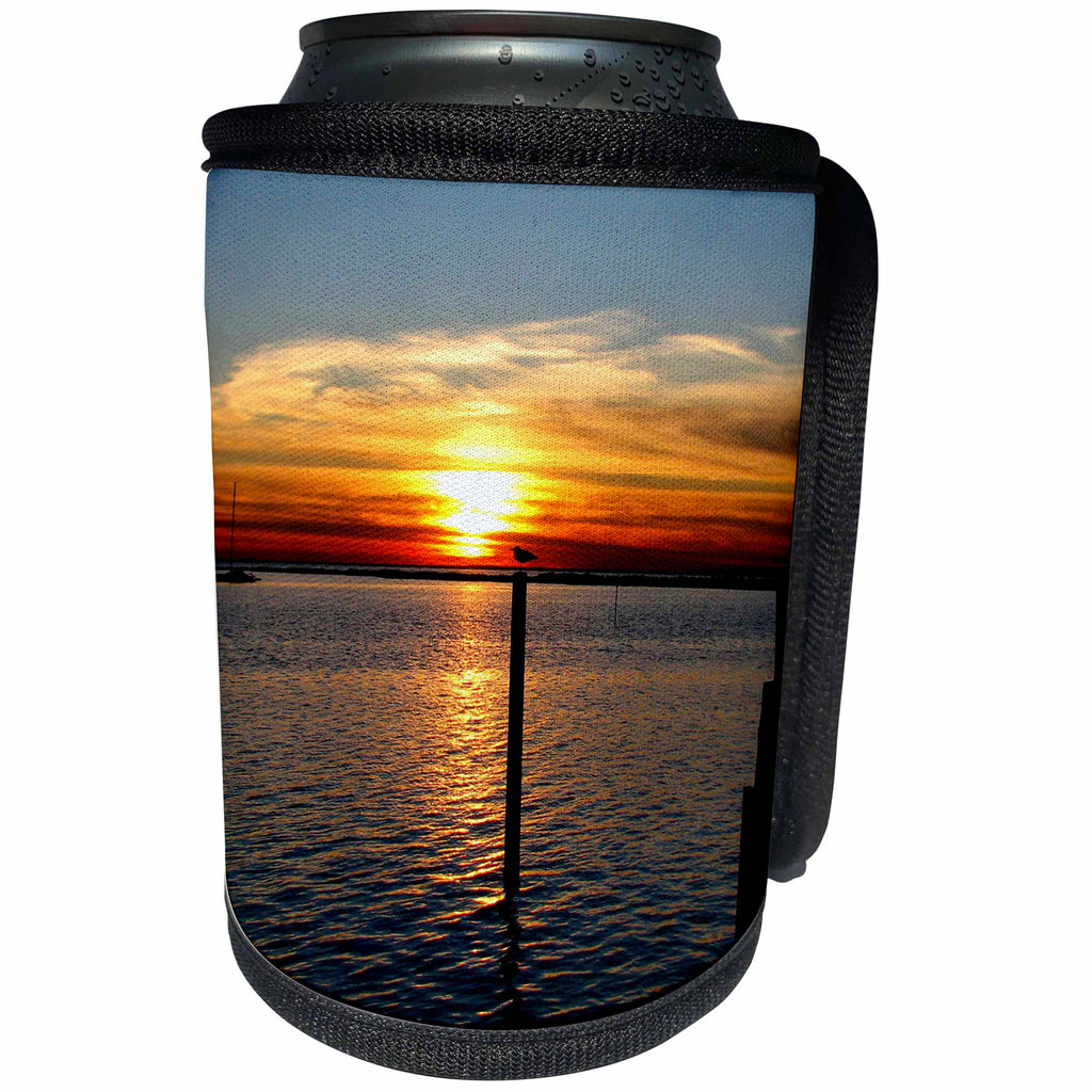 3dRose Bob Molchan Photography Sunsets - Sunset Orange Ocean Boat Water Silhouette Reflection Bird - Can Cooler Bottle Wrap (cc_27786)