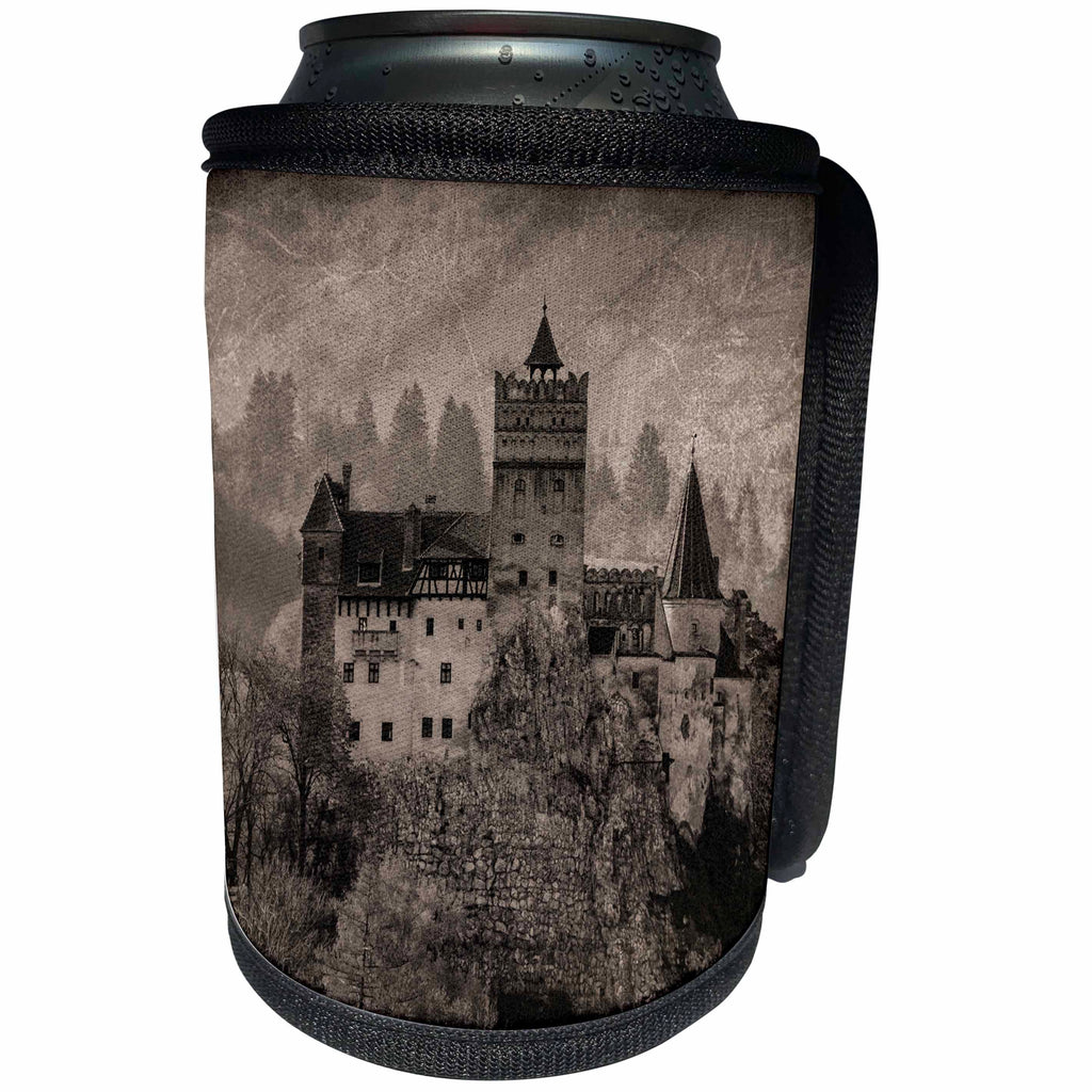 3dRose Danita Delimont - Castles - Transylvania, Romania, Black and white photo of a 13th century Castle. - Can Cooler Bottle Wrap (cc_277866)