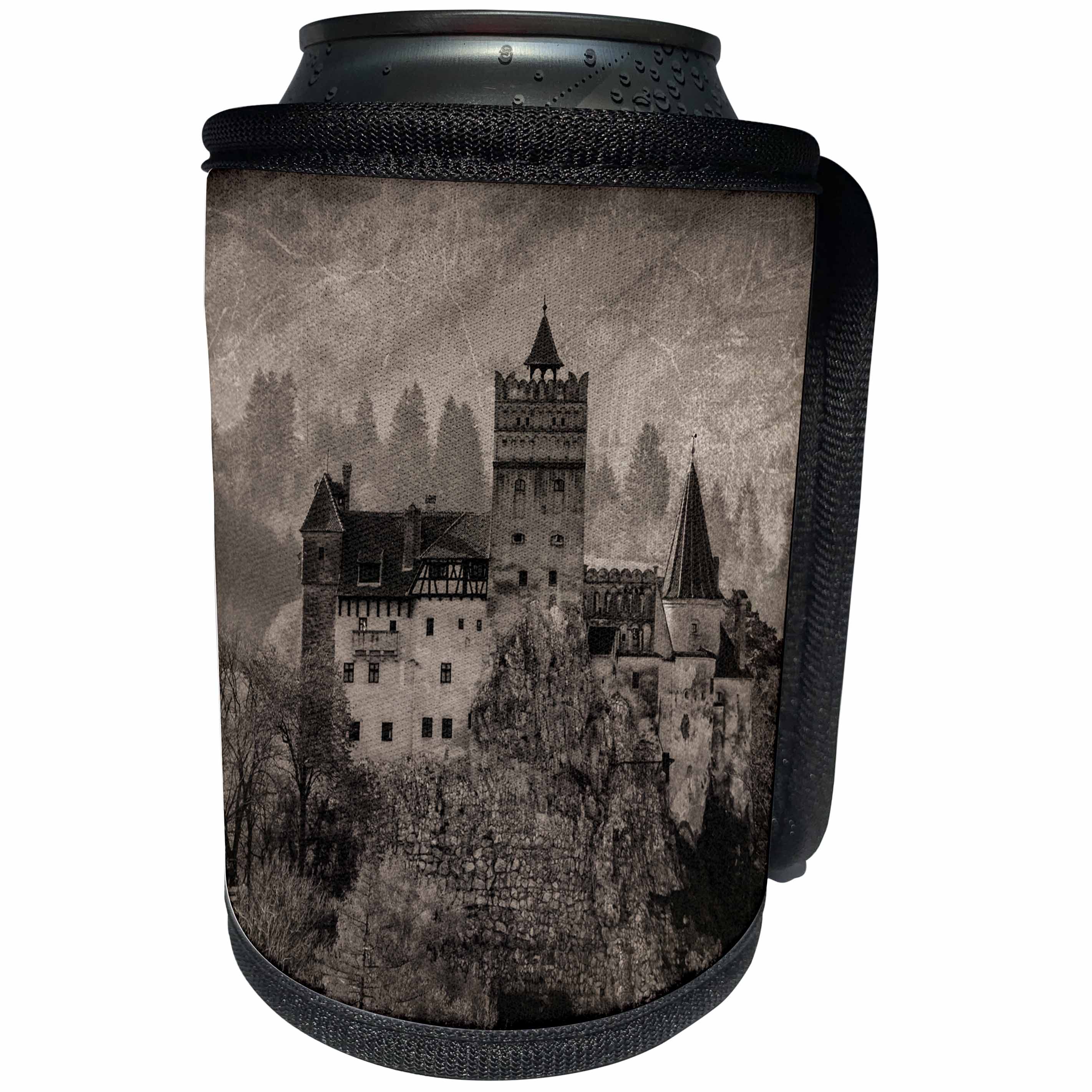 3dRose Danita Delimont - Castles - Transylvania, Romania, Black and white photo of a 13th century Castle. - Can Cooler Bottle Wrap (cc_277866)