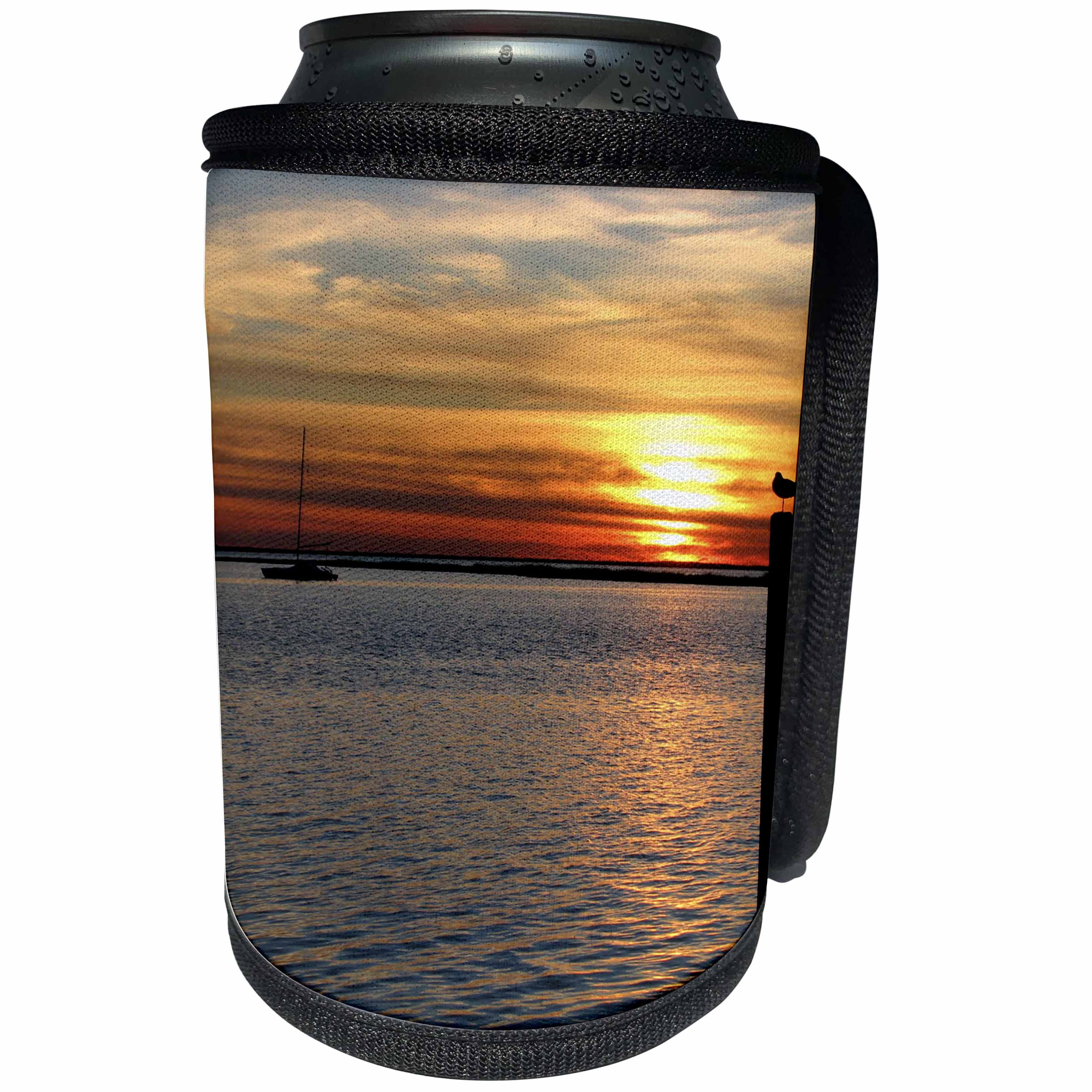 3dRose Bob Molchan Photography Sunsets - Sunset Orange Ocean Boat Water Silhouette Reflection Bird - Can Cooler Bottle Wrap (cc_27787)