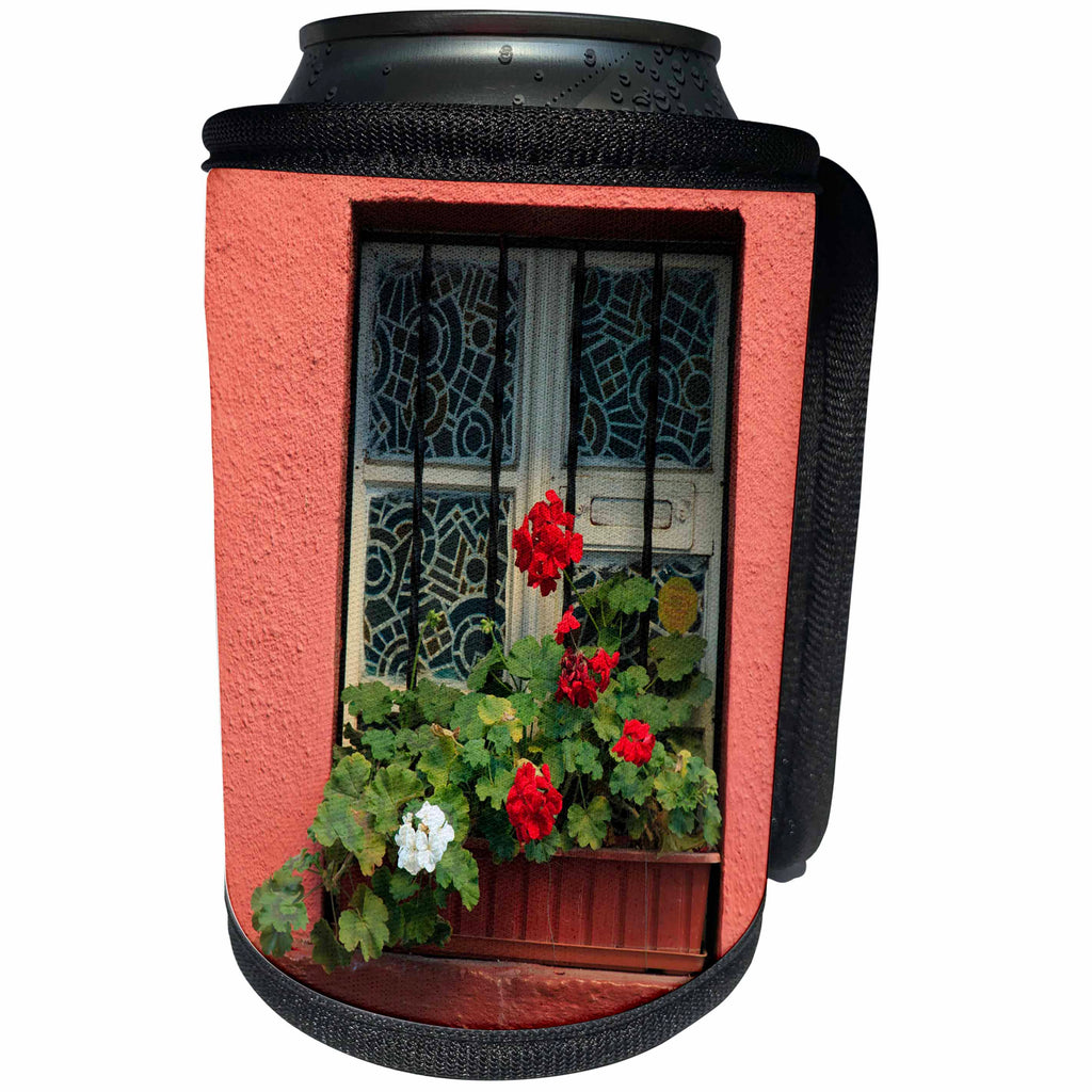 3dRose Danita Delimont - Flowers - Romania, Sighisoara, residential window in old town. Flowers in window - Can Cooler Bottle Wrap (cc_277872)