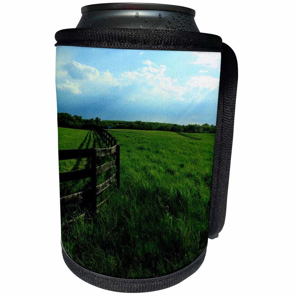 3dRose Bob Molchan Photography Landscapes - Field Grass Fence Shadow Sunset Blue Clouds - Can Cooler Bottle Wrap (cc_27789)
