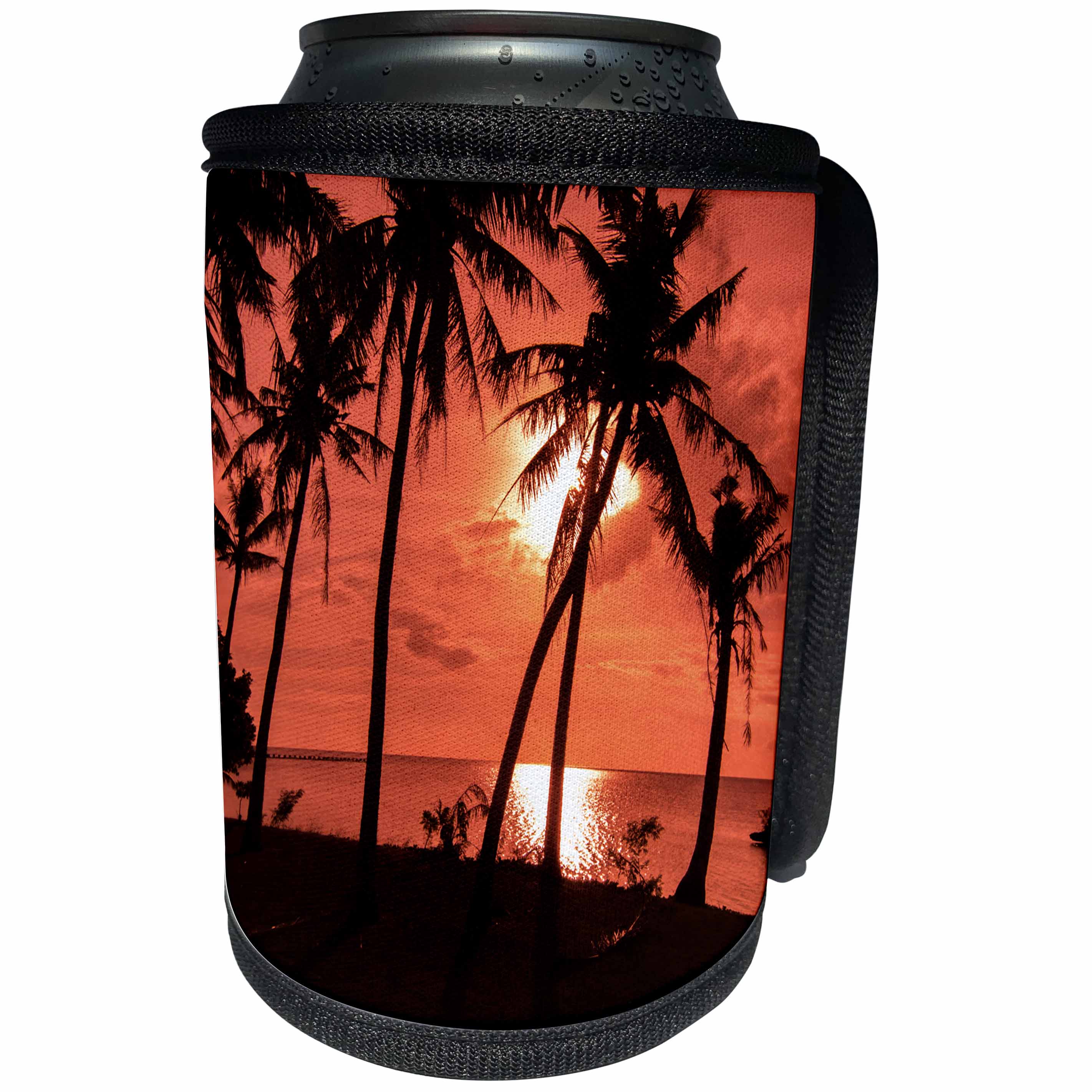 3dRose Danita Delimont - Sunsets - Guam, USA Territory. Sunset with palms and ocean and boats - Can Cooler Bottle Wrap (cc_278127)