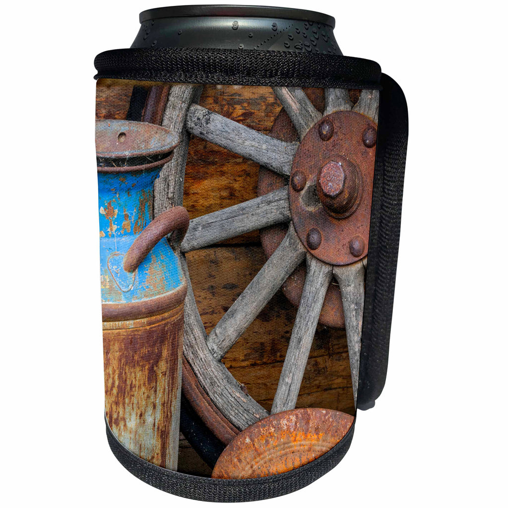 3dRose Danita Delimont - Western - USA, Alaska. Antique milk can, wagon wheel and gold pan. - Can Cooler Bottle Wrap (cc_278344)