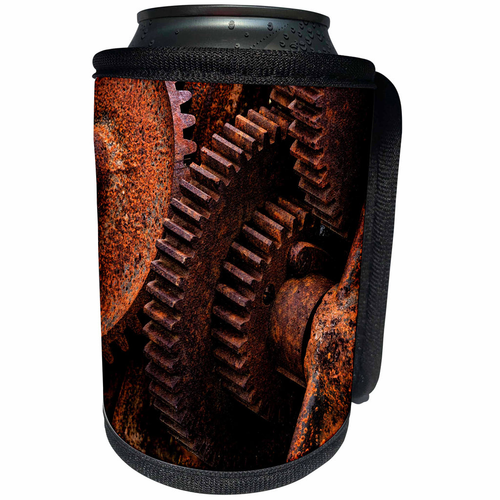 3dRose Danita Delimont - Industrial - USA, Alaska, Chena Hot Springs. Detail of rusty gears. - Can Cooler Bottle Wrap (cc_278349)