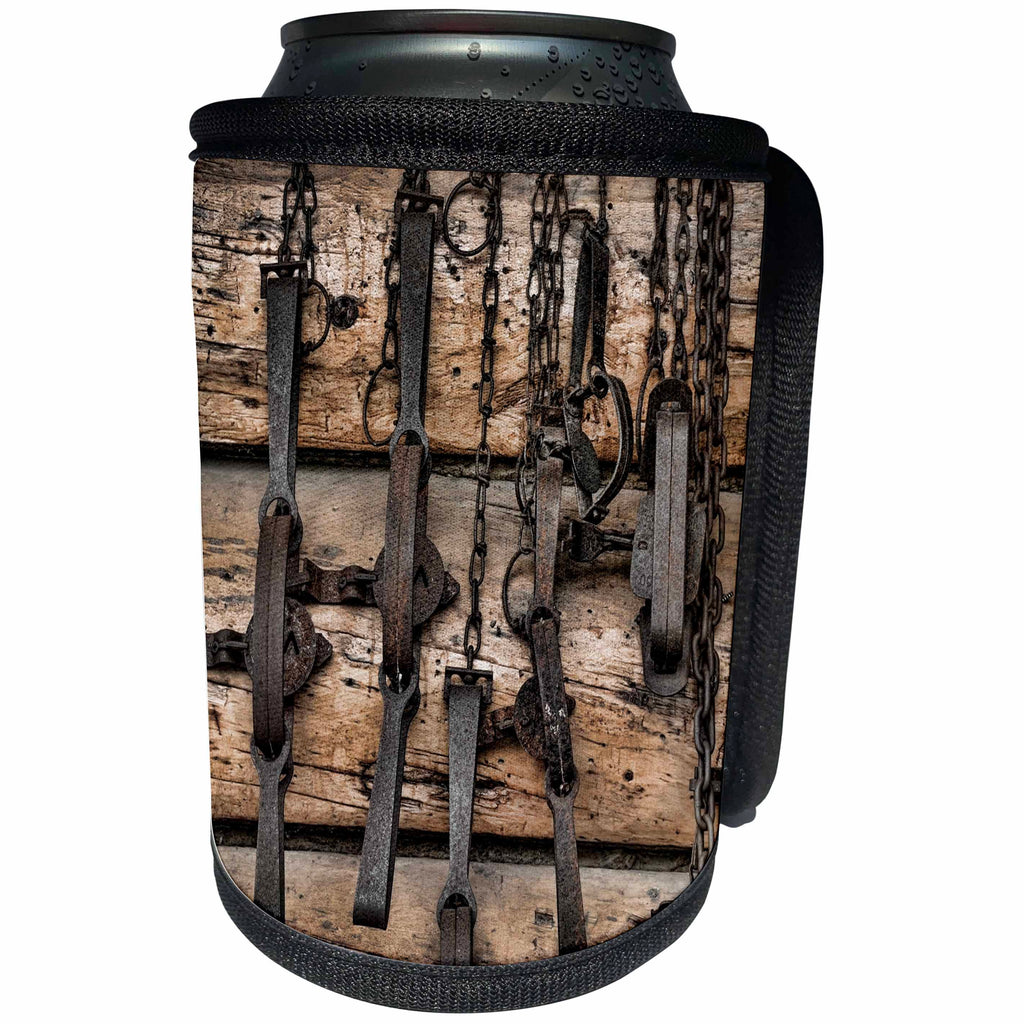 3dRose Danita Delimont - Western - USA, Alaska. Collection of old traps hang on log cabin wall. - Can Cooler Bottle Wrap (cc_278372)