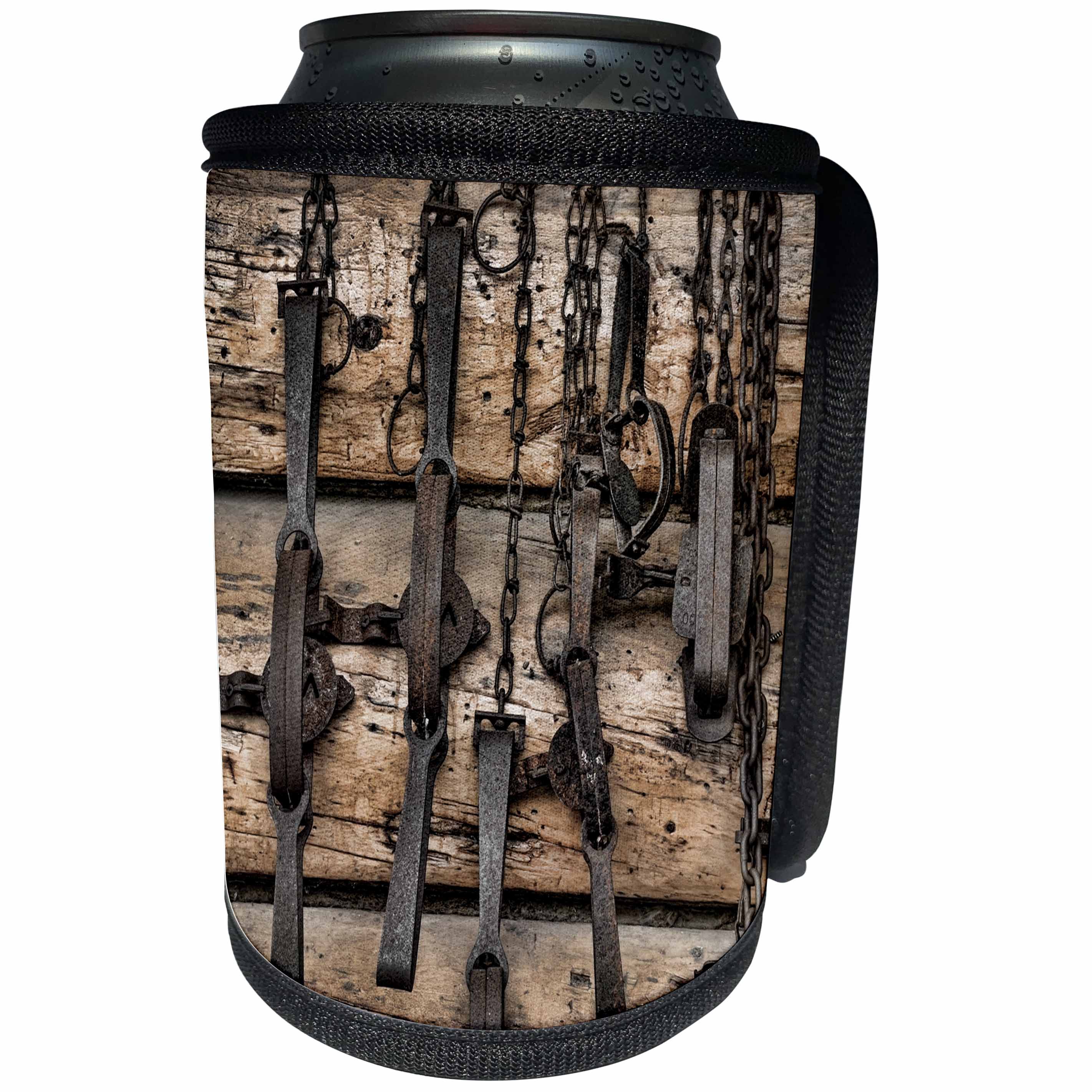 3dRose Danita Delimont - Western - USA, Alaska. Collection of old traps hang on log cabin wall. - Can Cooler Bottle Wrap (cc_278372)