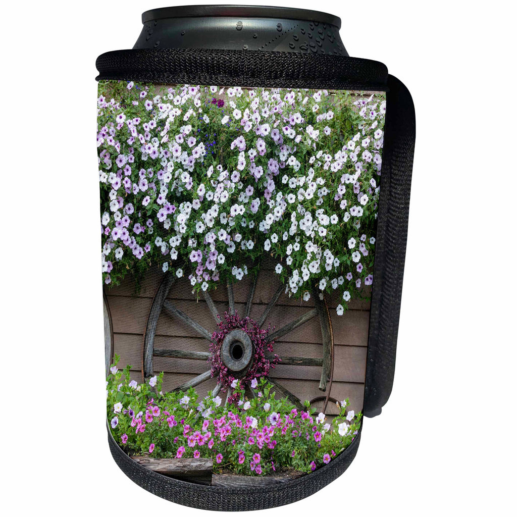 3dRose Danita Delimont - Gardens - USA, Alaska, Chena Hot Springs. Flowers and wagon wheels. - Can Cooler Bottle Wrap (cc_278376)