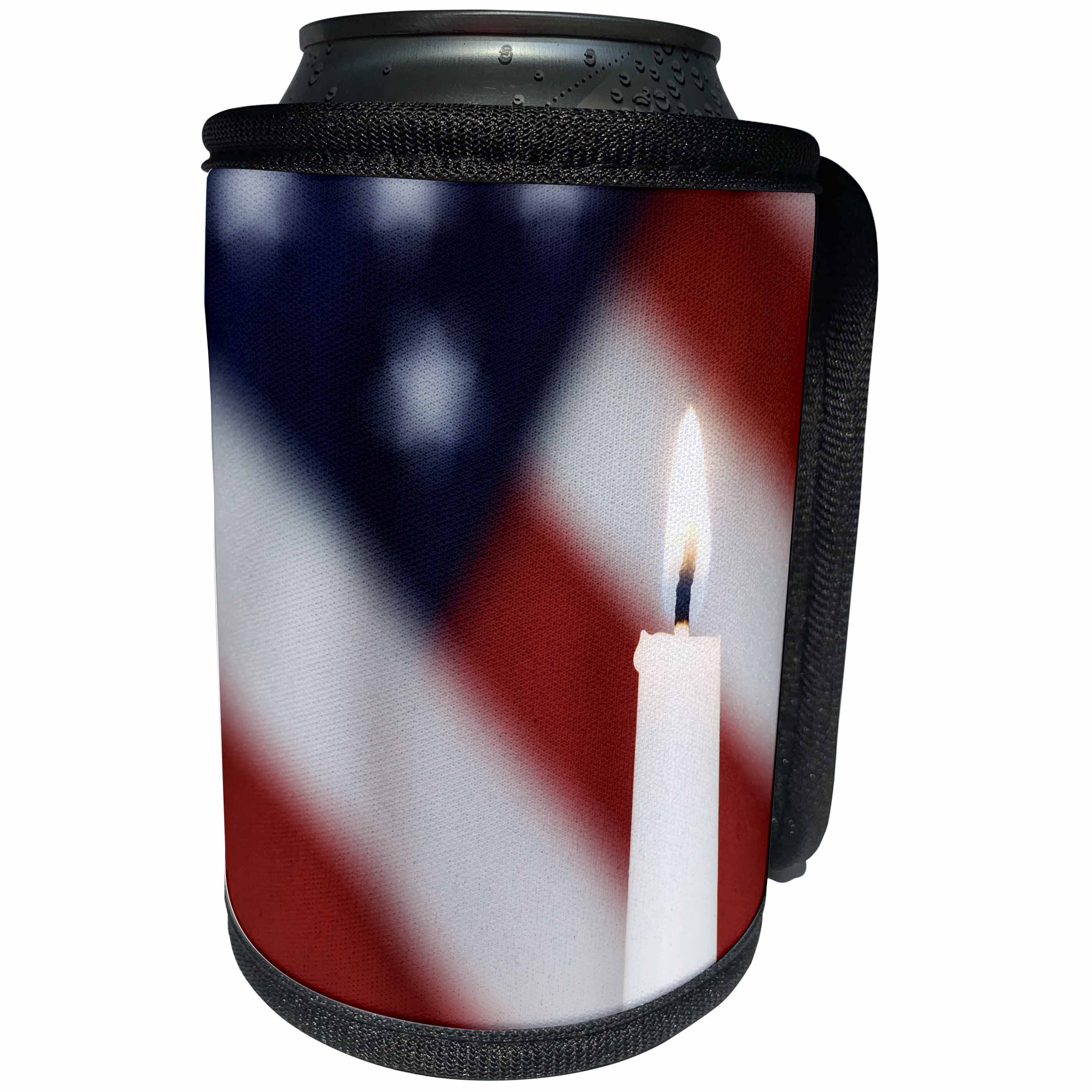 3dRose Danita Delimont - Flags - USA, California. Burning candle and American flag. - Can Cooler Bottle Wrap (cc_278518)