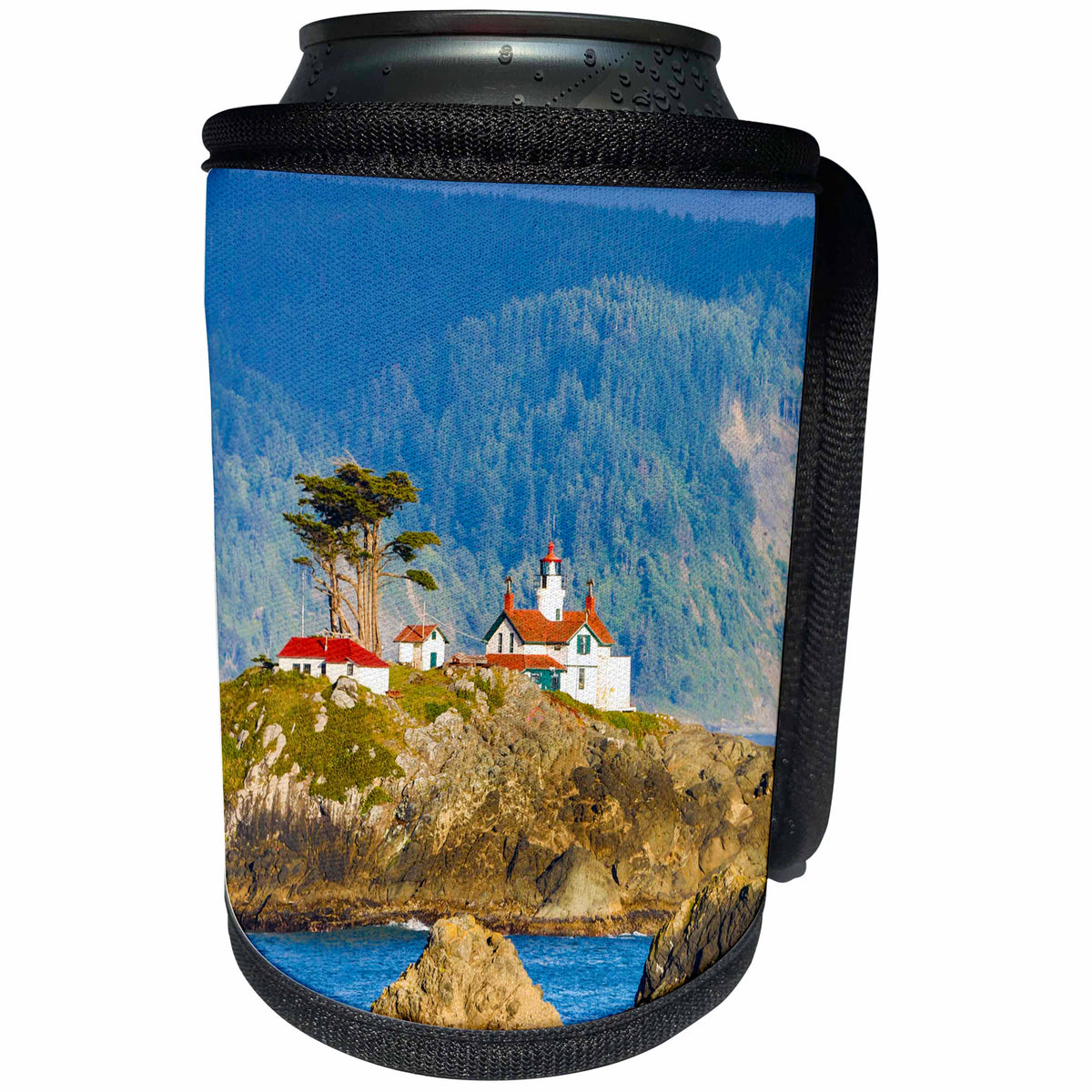 3dRose Danita Delimont - Lighthouses - USA, California, Crescent City. Lighthouse and harbor - Can Cooler Bottle Wrap (cc_278599)
