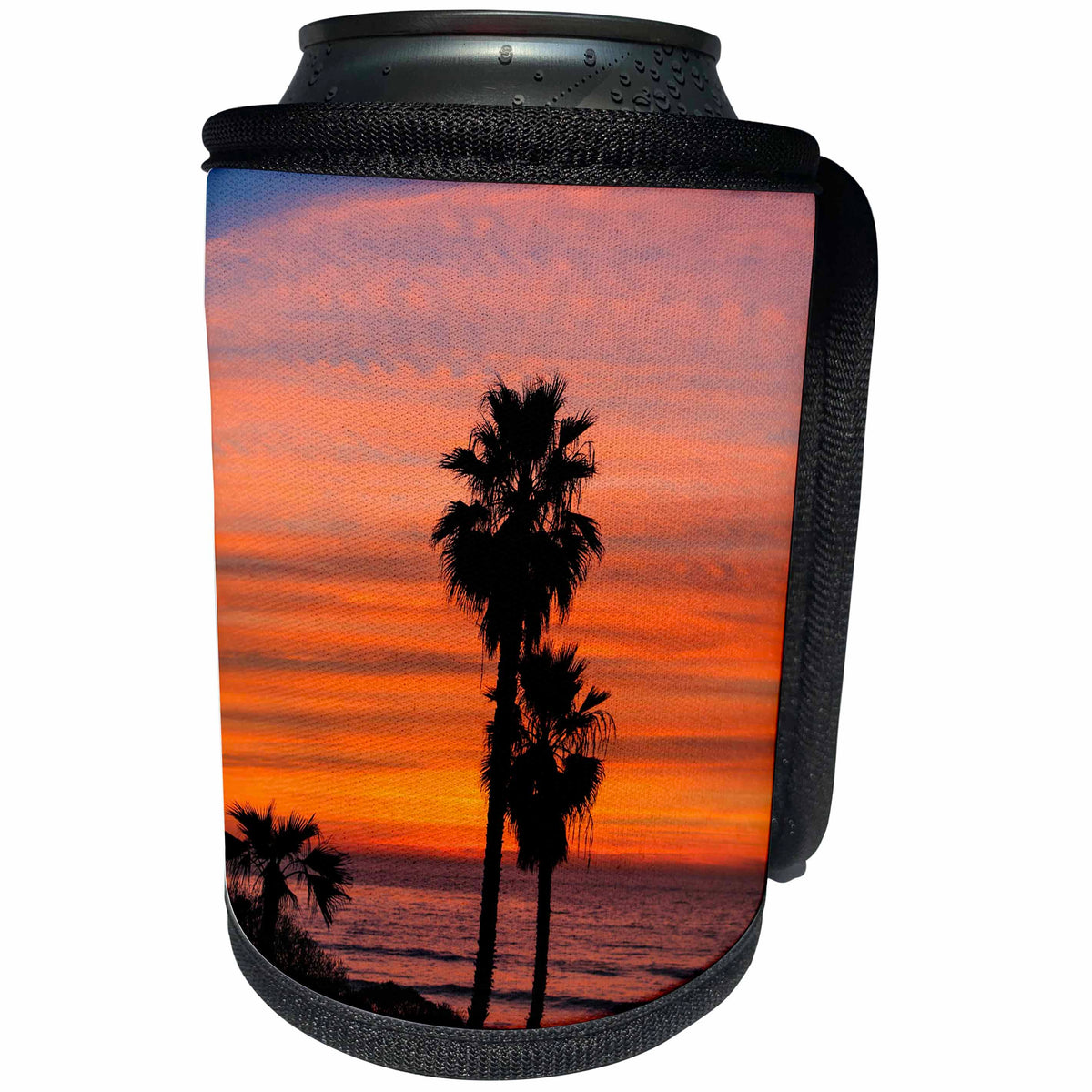 3dRose Danita Delimont - Sunsets - Solana Beach, San Diego Co., California. Palm trees at sunset - Can Cooler Bottle Wrap (cc_278601)