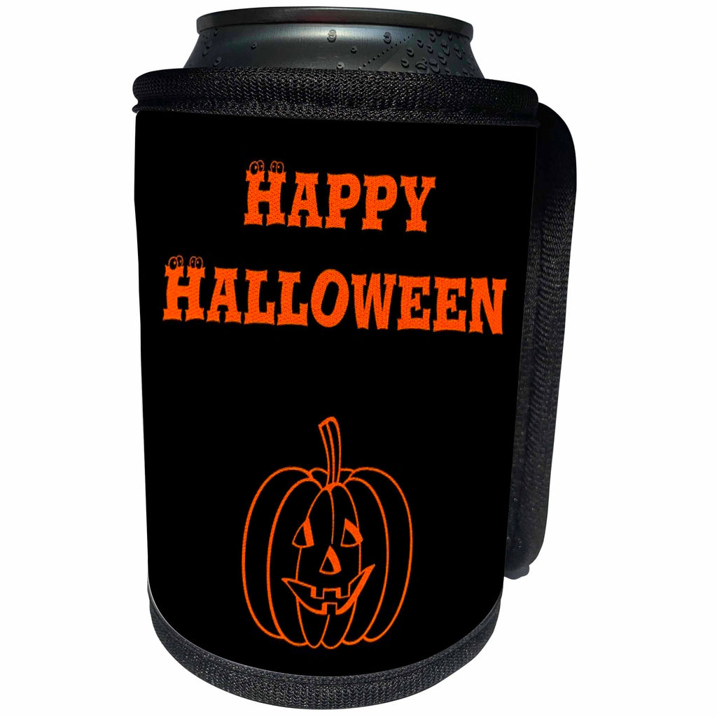3dRose Patricia Sanders Creations - Happy Halloween Orange and Black Pumpkin - Can Cooler Bottle Wrap (cc_27867)